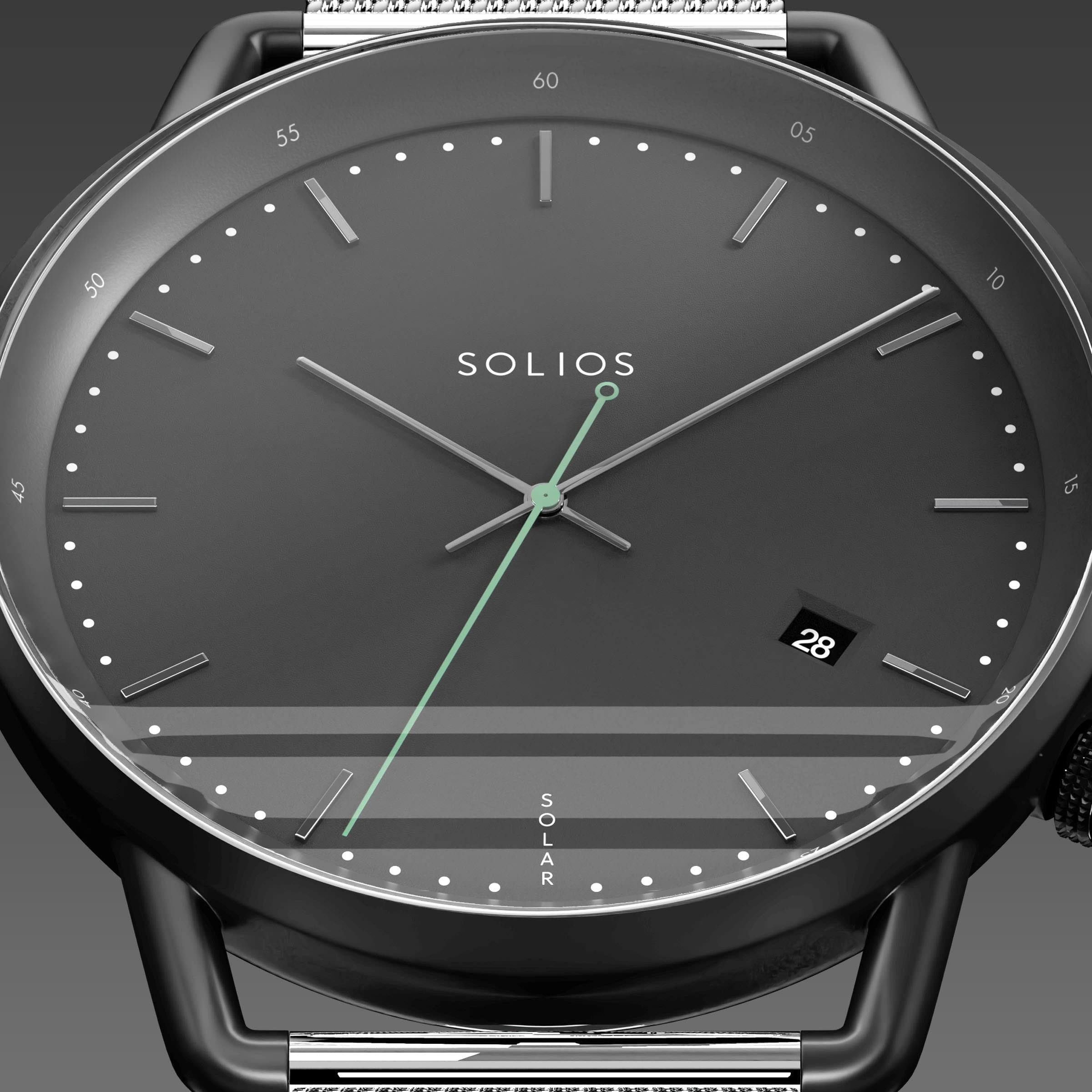 Close-up of the Solios Solar Curve black dial with silver hands hands, green second hand, date and SOLAR text, silver mesh strap