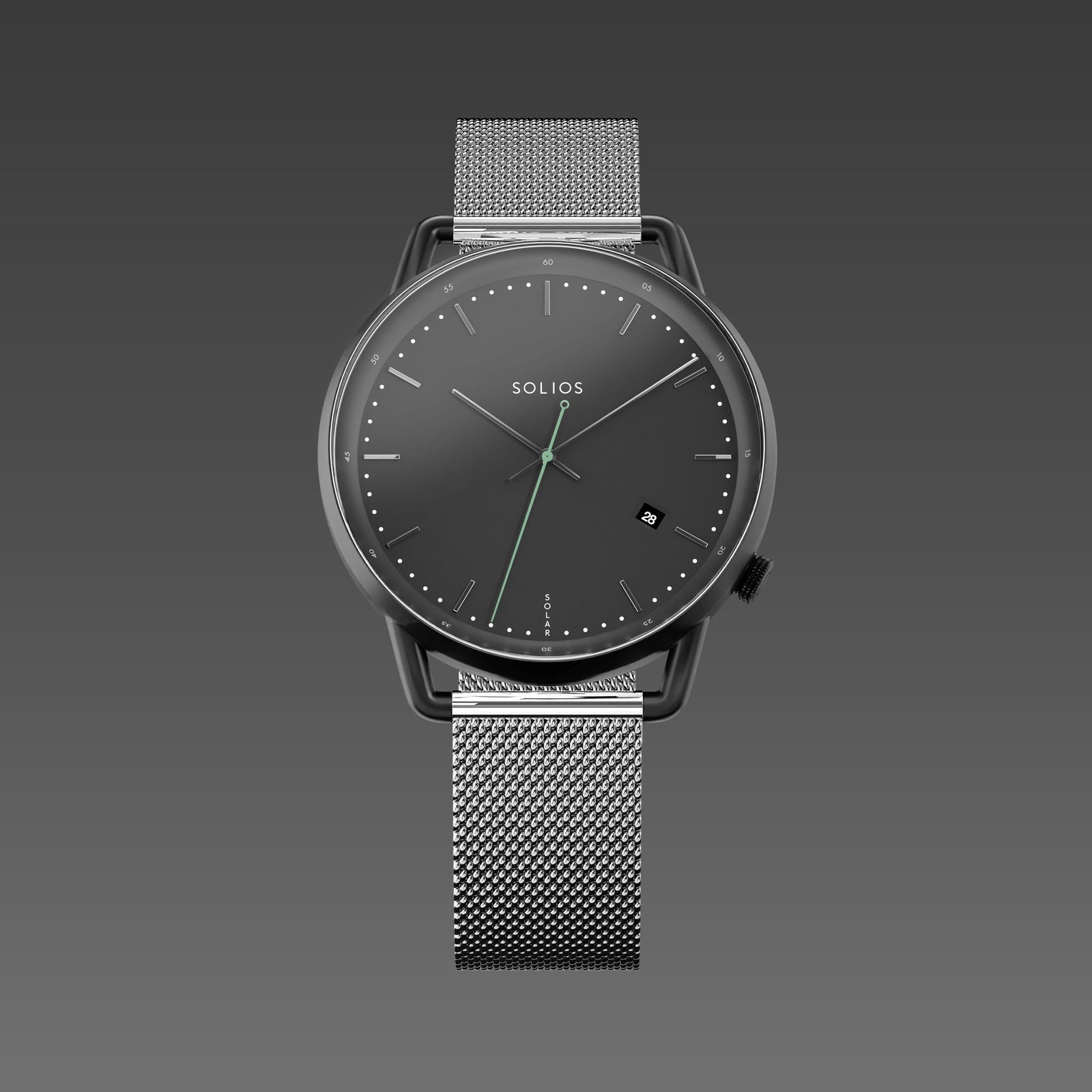 Solios Solar Curve watch, black dial and mat black 40mm case, on a silver mesh metal strap, front view