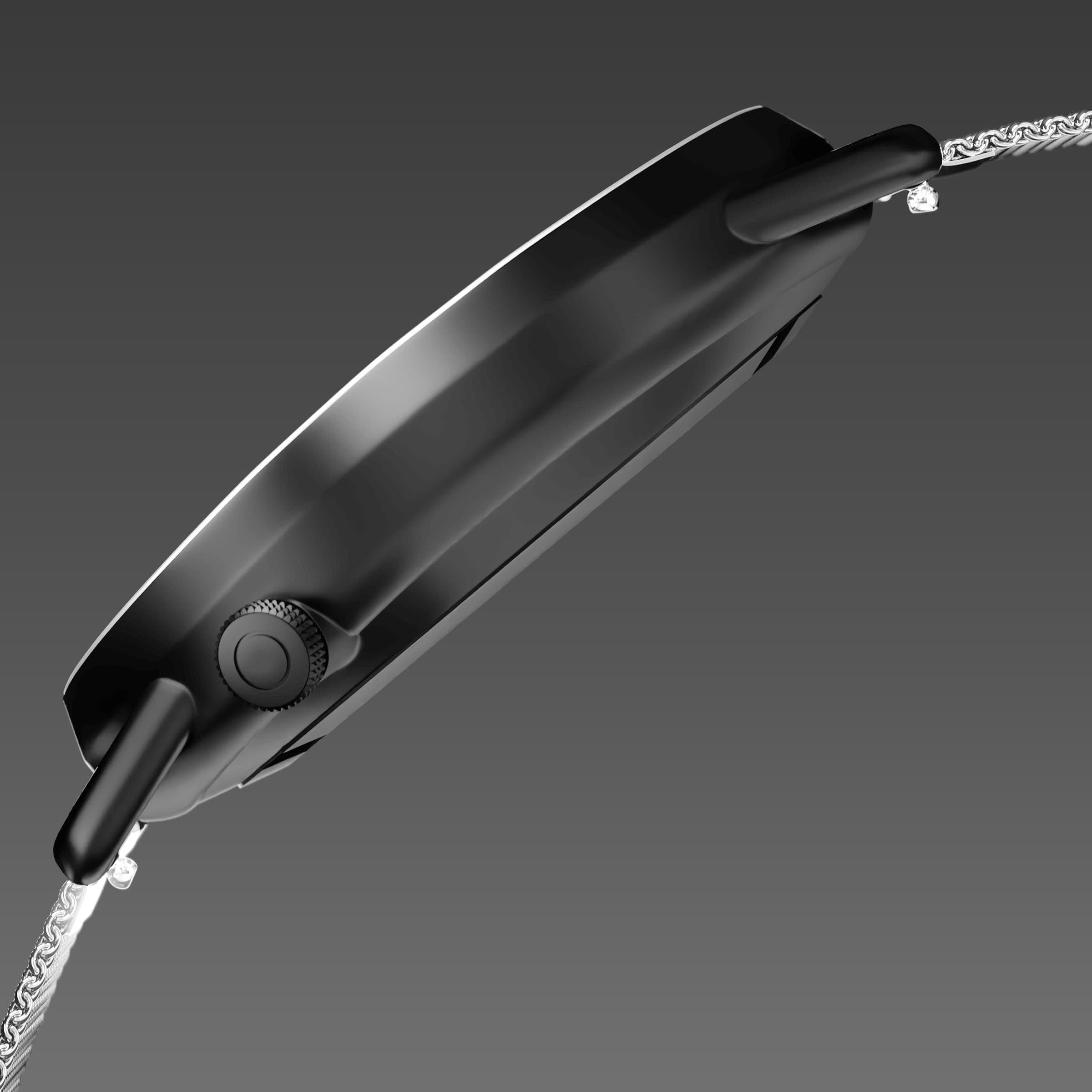Side profile of the Solios Solar Curve, black dial and mat black case, showing its curved sapphire crystal and crown, silver mesh metal strap