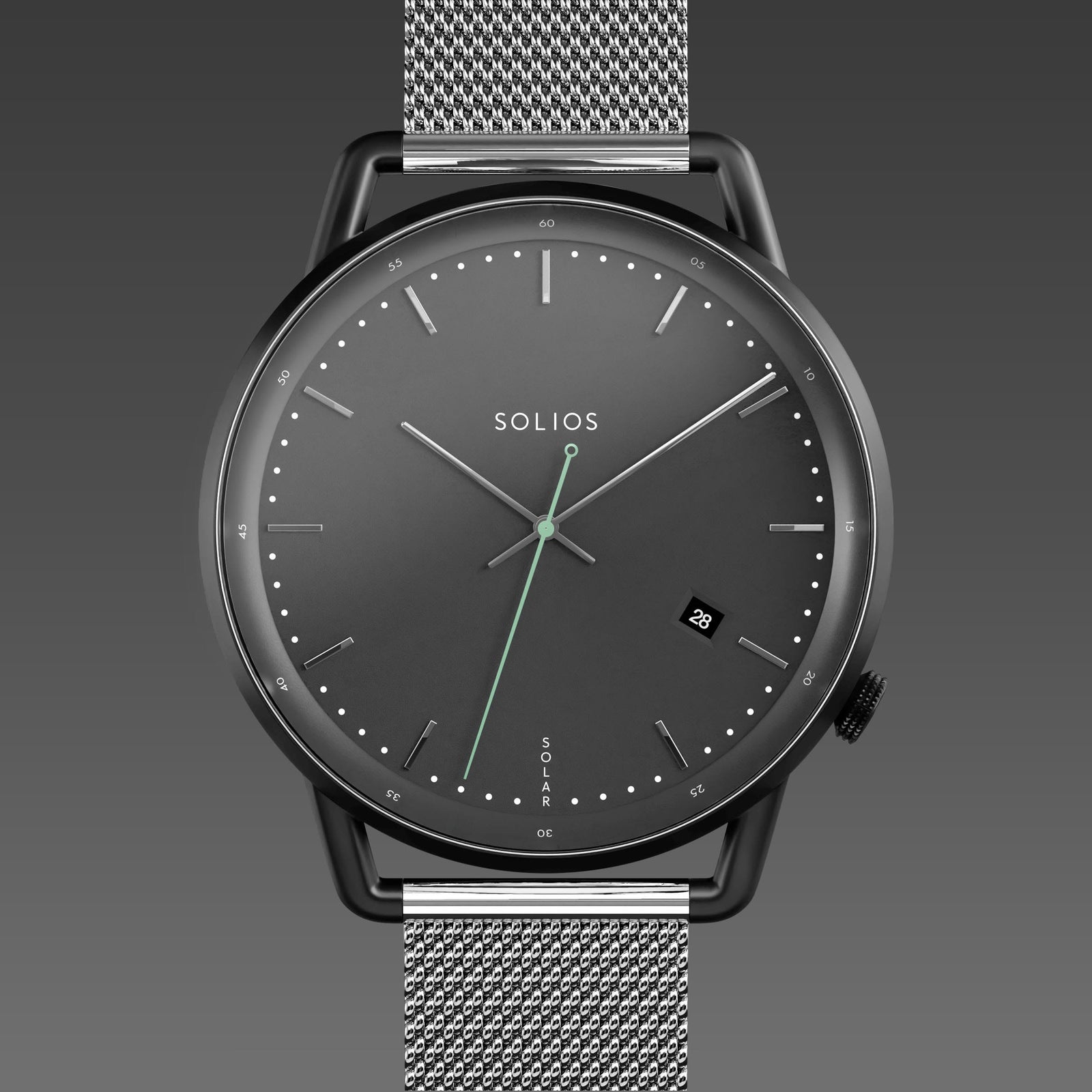Solios Solar Curve solar watch, black dial and mat black 40mm case, silver mesh metal strap, close up front view