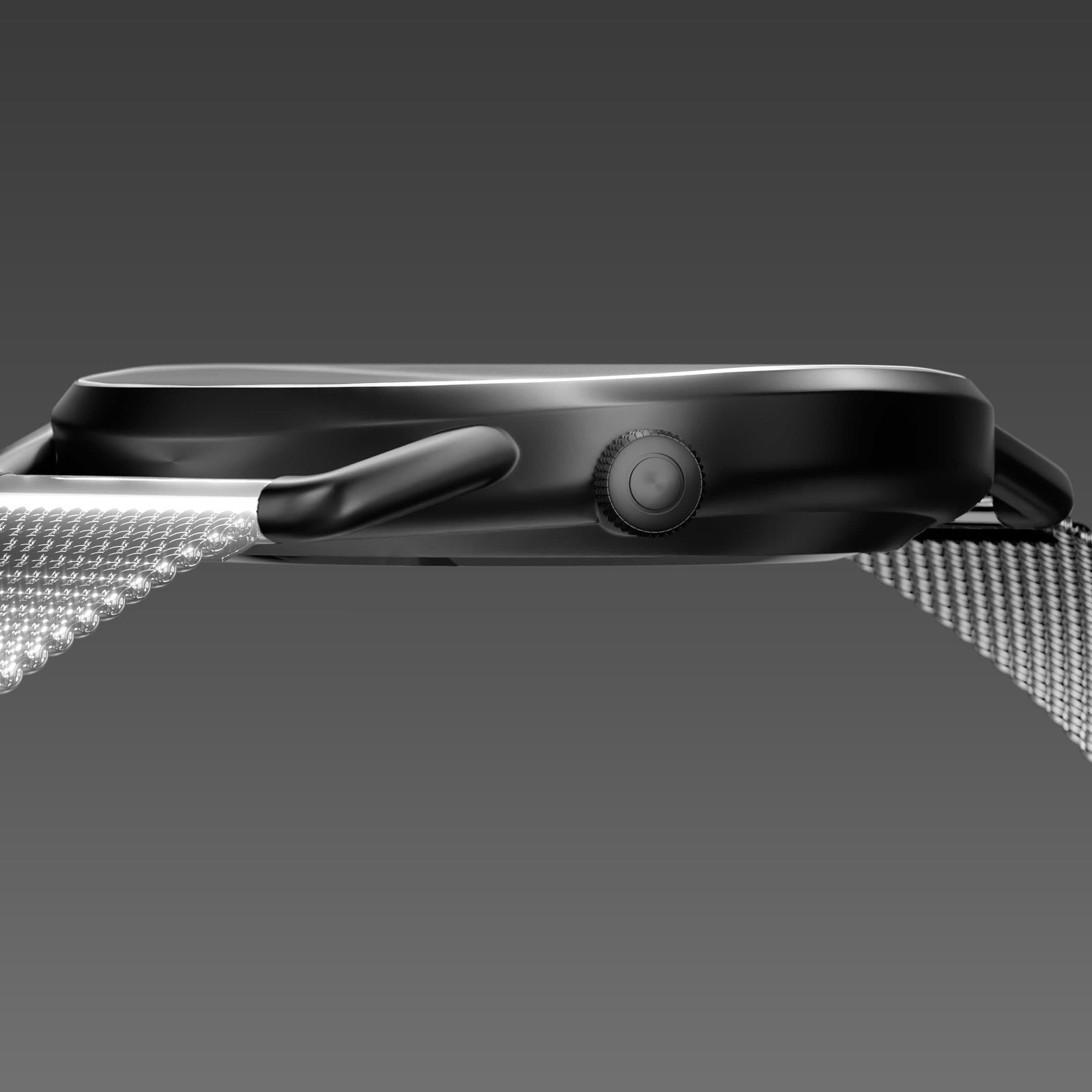 Side profile of the slim Solios Solar Curve, 10mm-thin mat black case and crown, the black dial variation, silver mesh strap