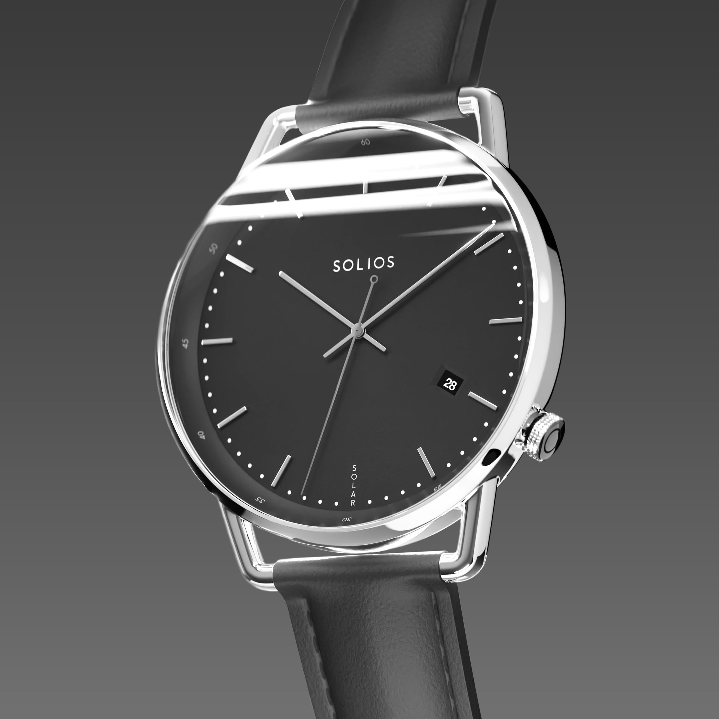 Solios Solar Curve, black dial and silver case, at a three-quarter angle, silver and indices, date calendar, curved sapphire crystal, black vegan leather strap