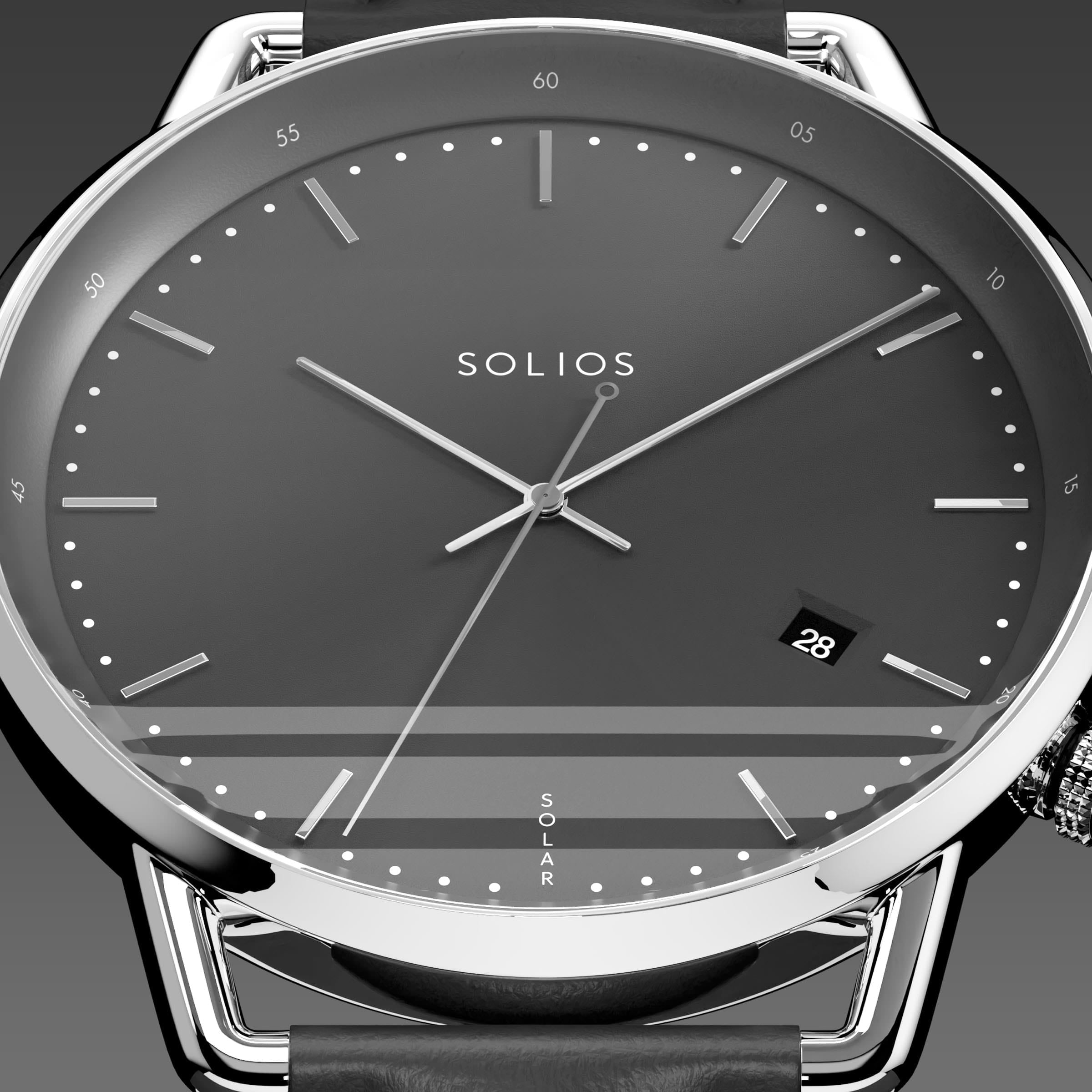 Close-up of the Solios Solar Curve black dial with silver hands, date and SOLAR text, black vegan leather strap