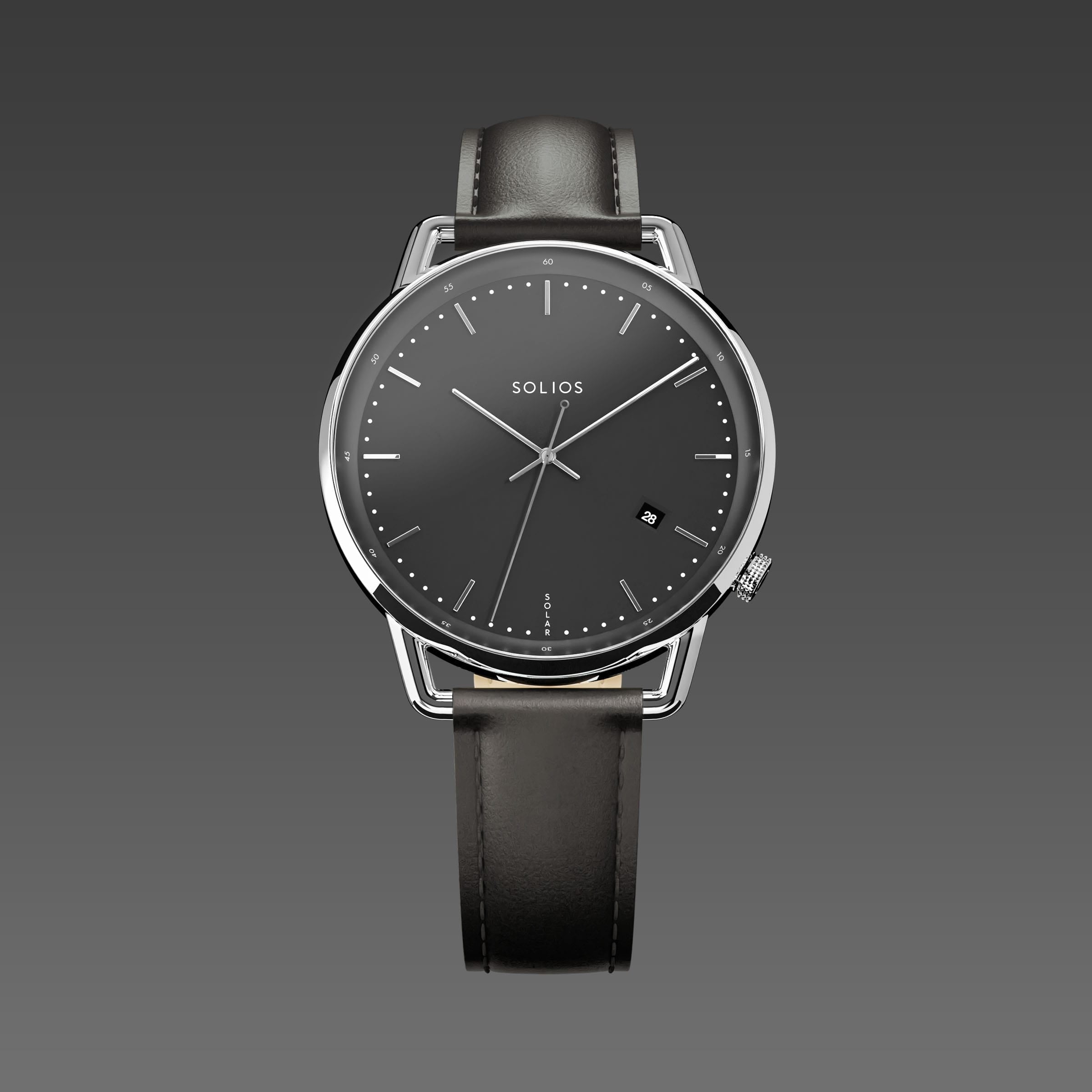 Solios Solar Curve watch, black dial and silver 40mm case, on a black vegan leather strap, front view