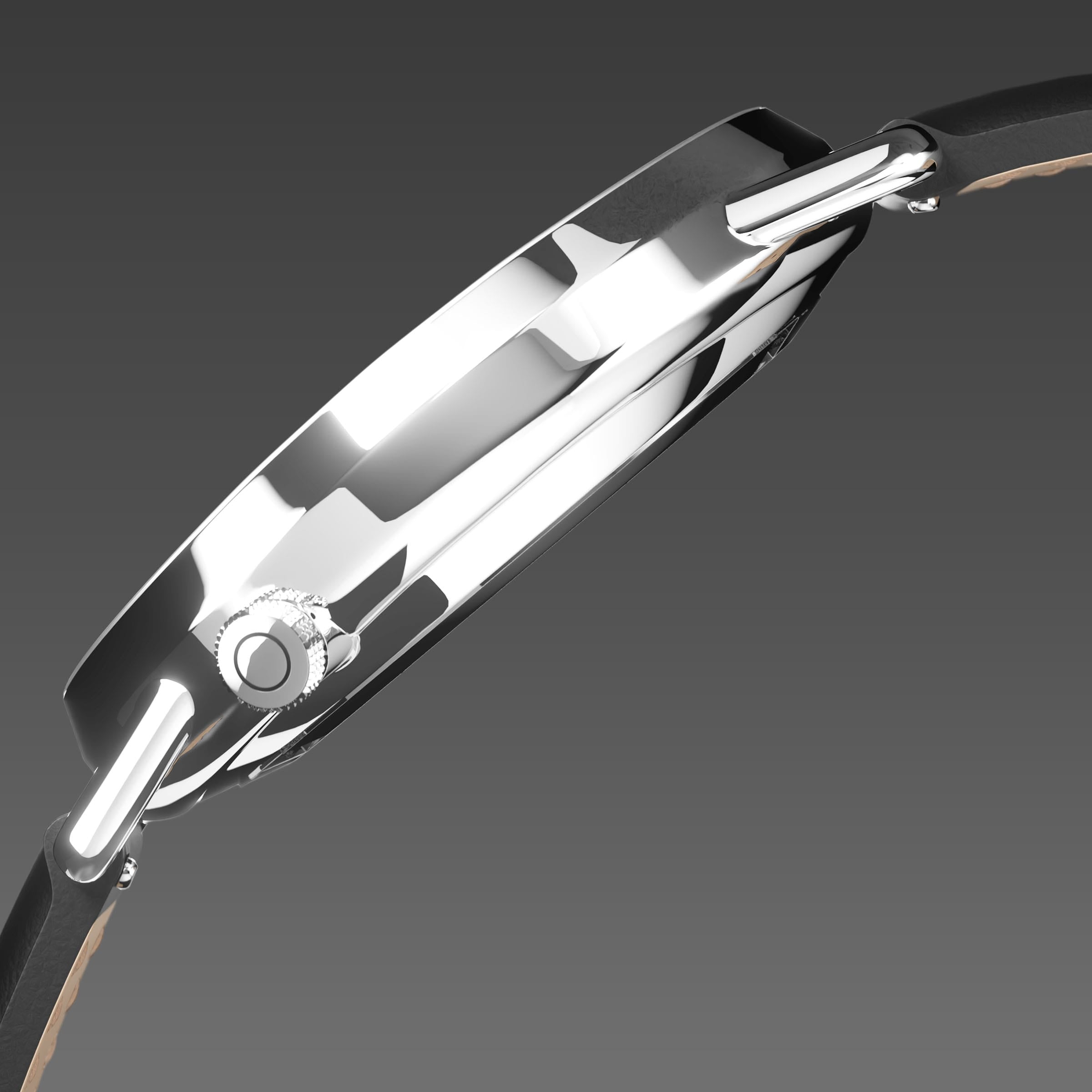 Side profile of the Solios Solar Curve, black dial and silver case, showing its curved sapphire crystal and crown, black vegan leather strap