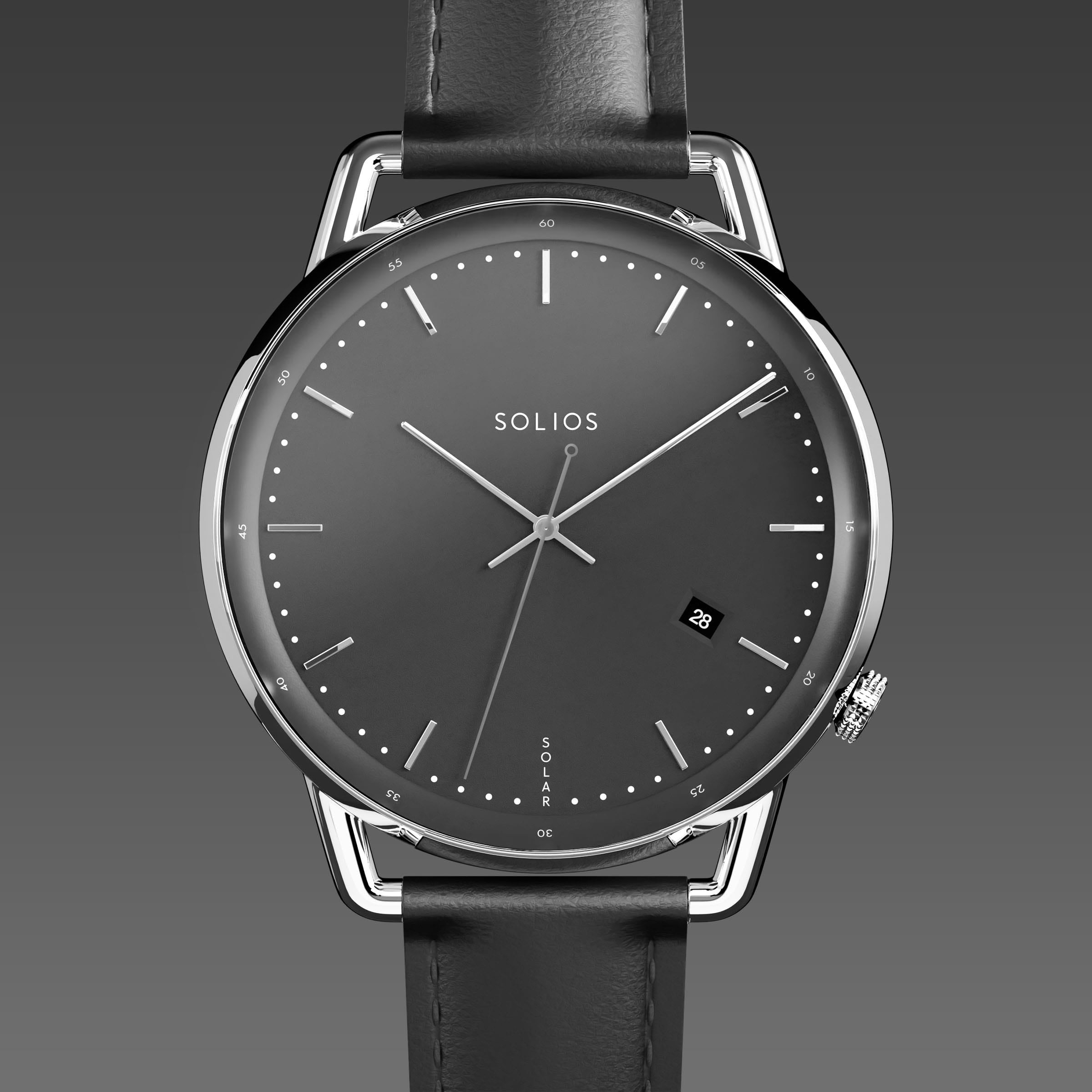 Solios Solar Curve solar watch, black dial and silver 40mm case, black vegan leather strap, close up front view