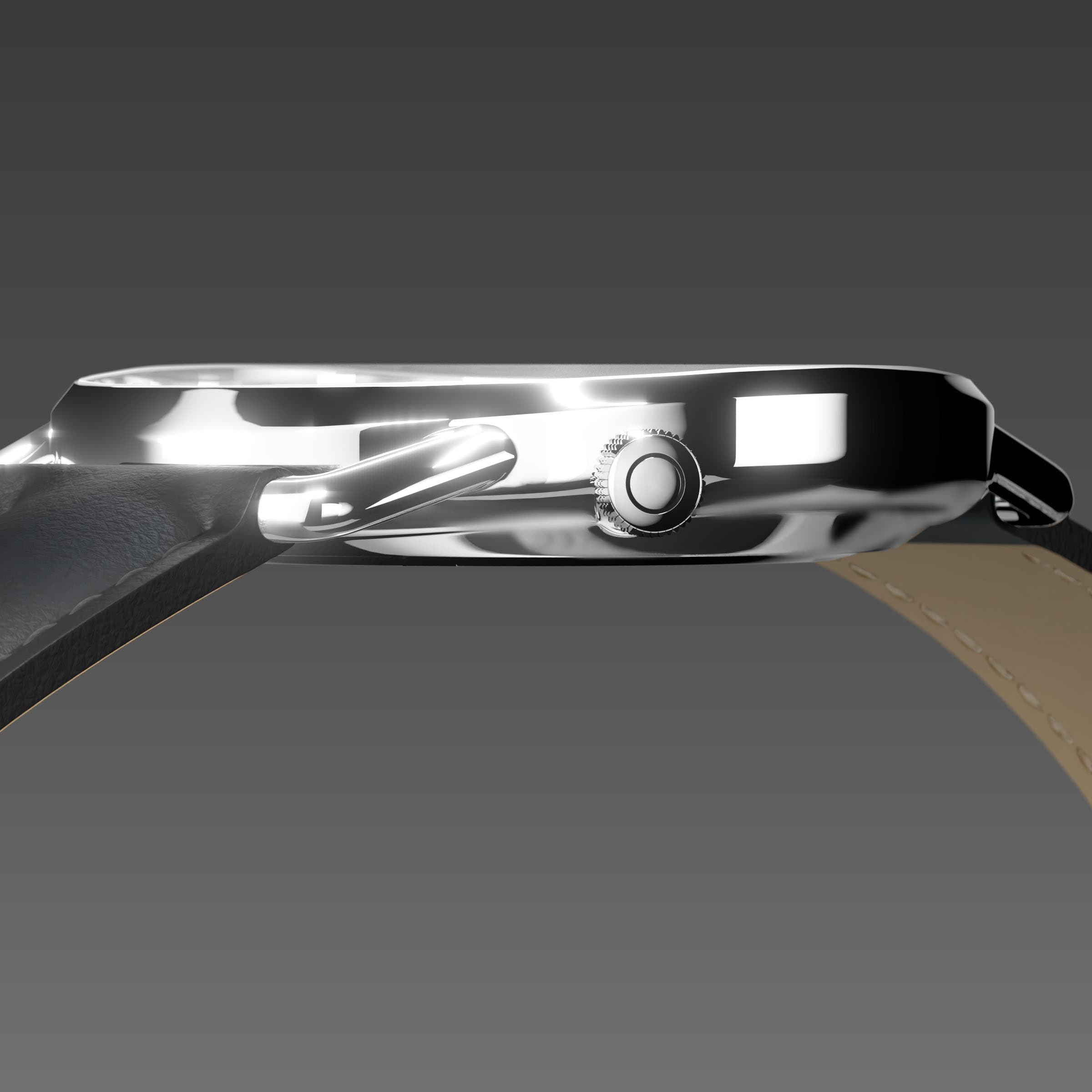 Side profile of the slim Solios Solar Curve, 10mm-thin silver case and crown, the black dial variation, black vegan leather strap