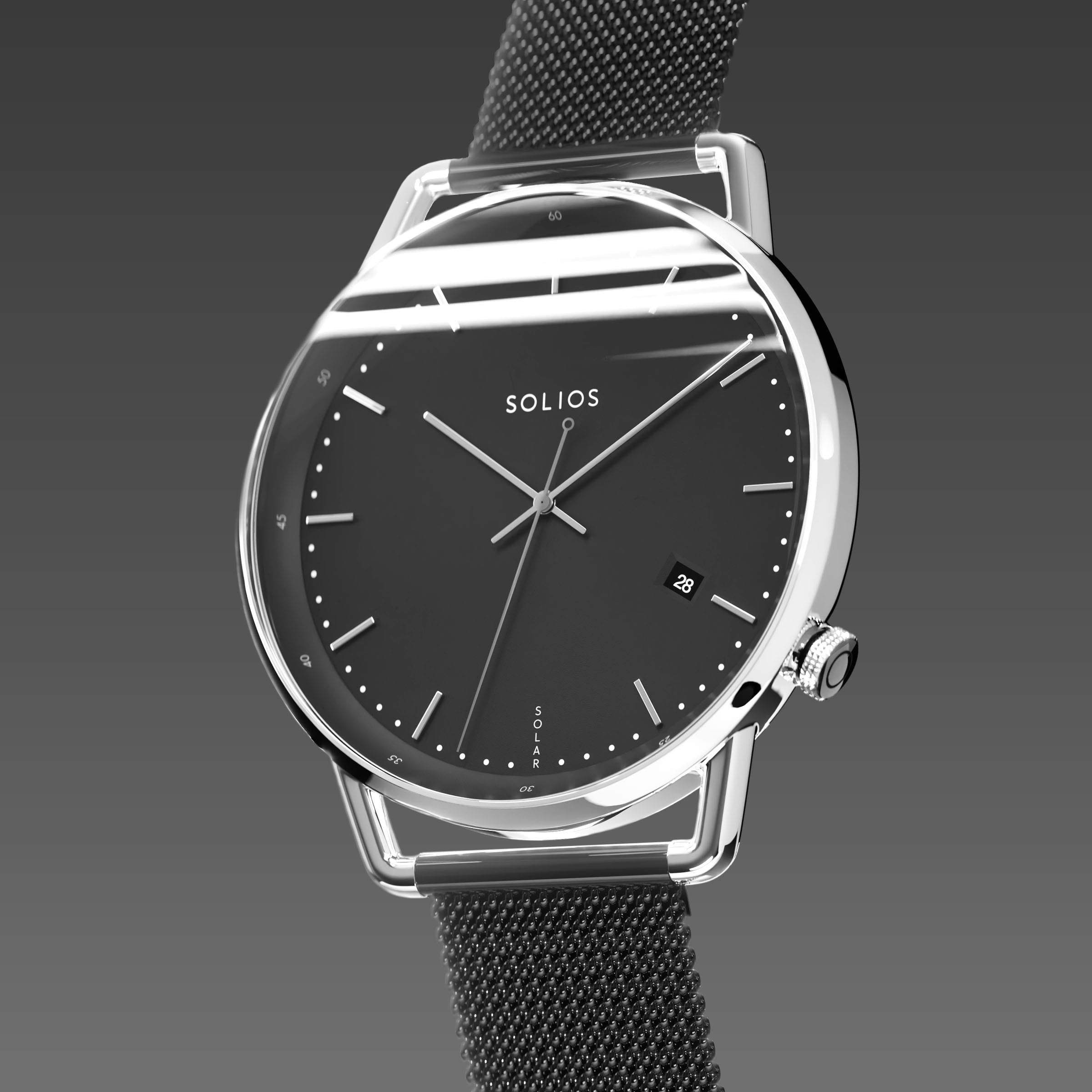 Solios Solar Curve, black dial and silver case, at a three-quarter angle, silver and indices, date calendar, curved sapphire crystal, black mesh metal strap