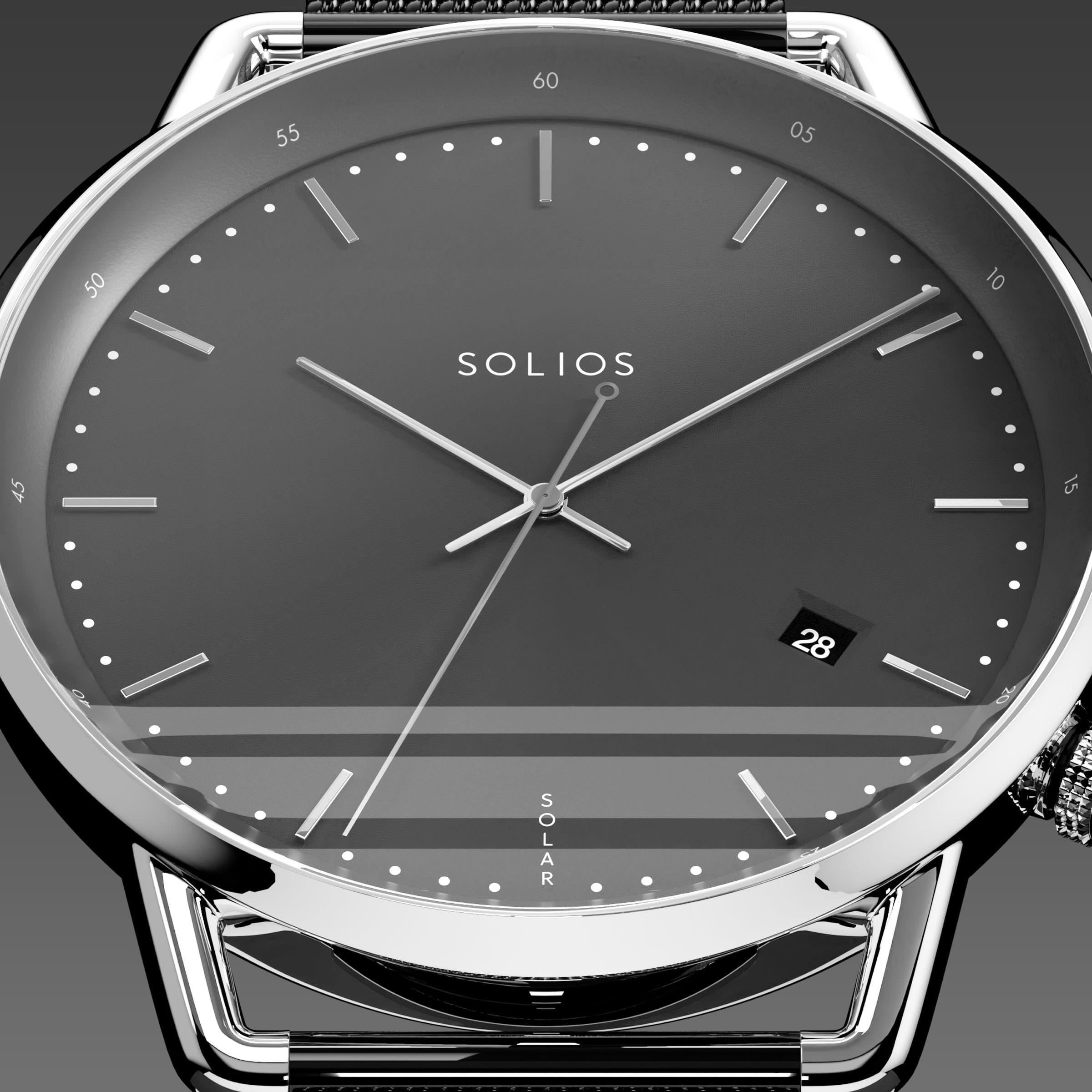 Close-up of the Solios Solar Curve black dial with silver hands, date and SOLAR text, black mesh metal strap