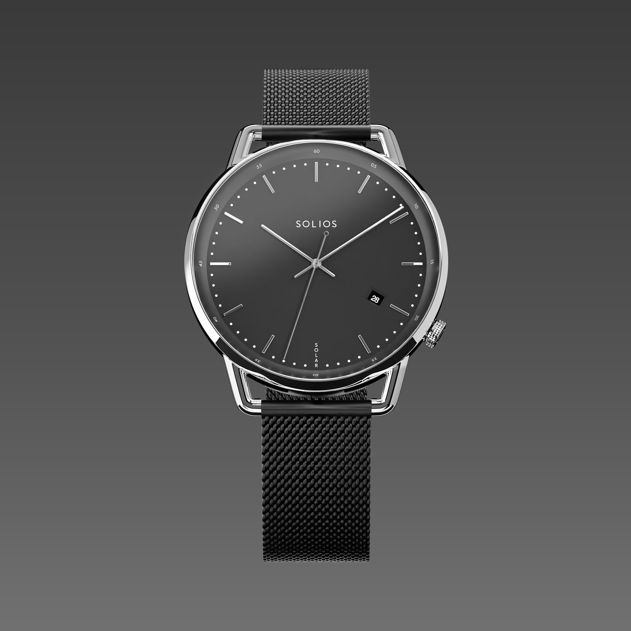 Solios Solar Curve watch, black dial and silver 40mm case, on a black mesh metal strap, front view