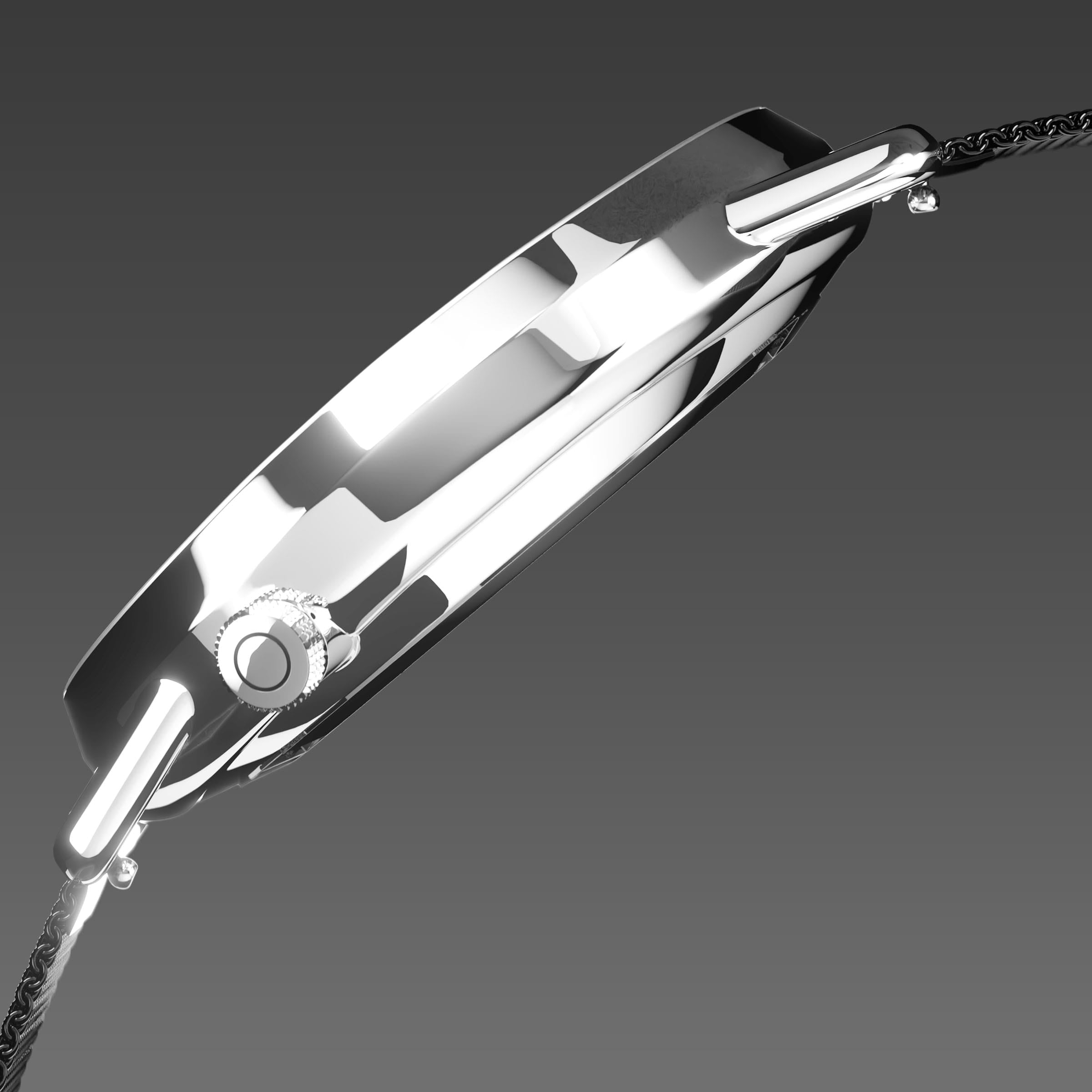 Side profile of the Solios Solar Curve, black dial and silver case, showing its curved sapphire crystal and crown, black mesh metal strap