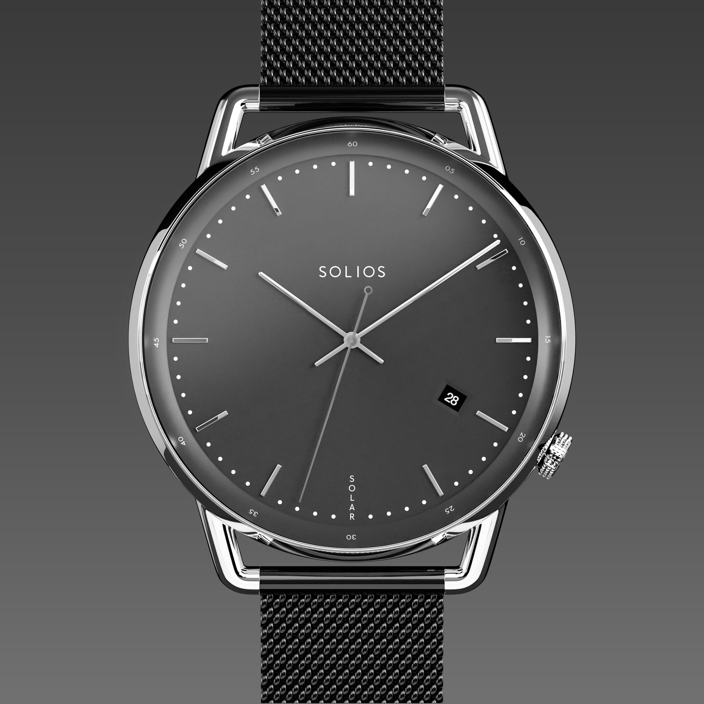 Solios Solar Curve solar watch, black dial and silver 40mm case, black mesh metal strap, close up front view