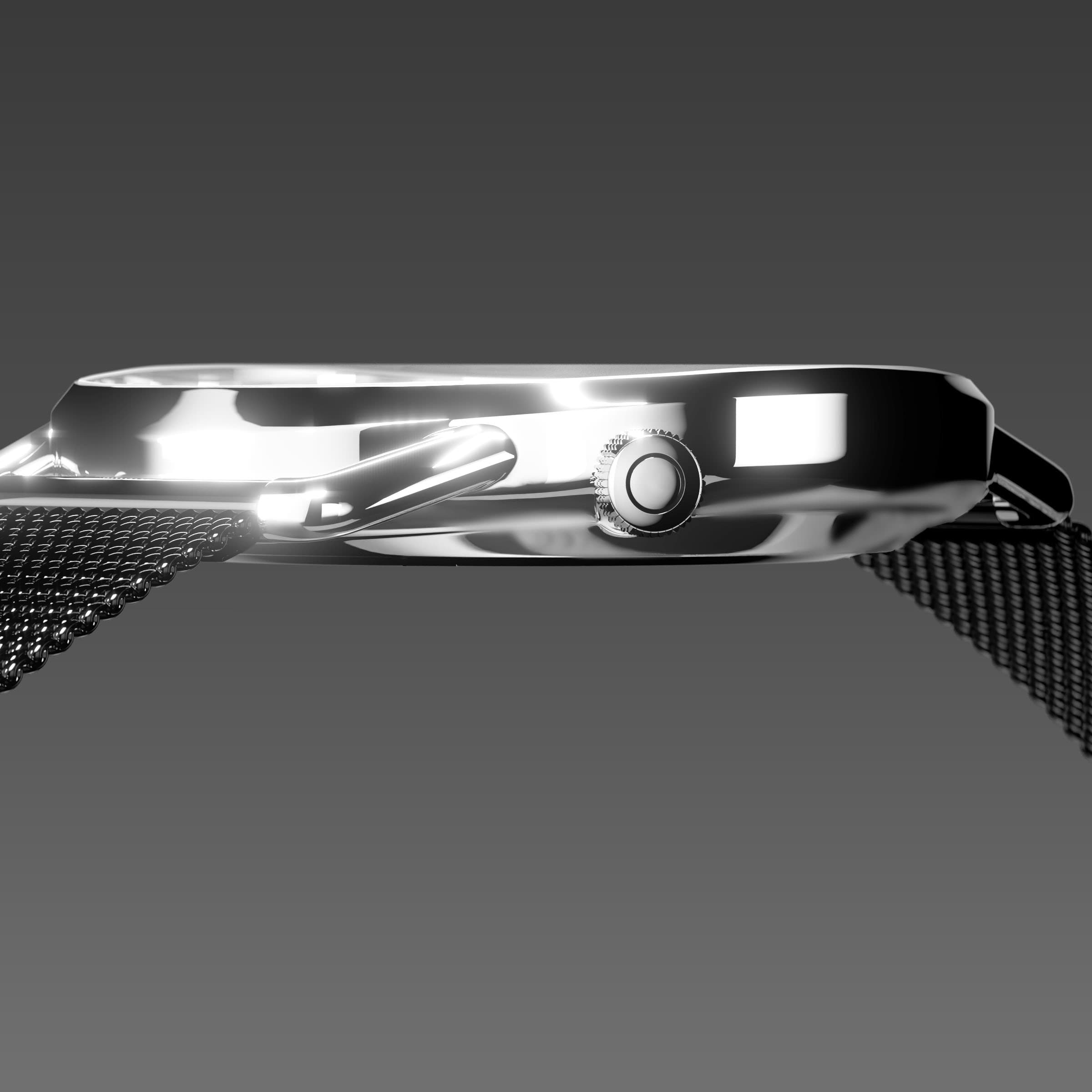 Side profile of the slim Solios Solar Curve, 10mm-thin silver case and crown, the black dial variation, black mesh metal strap