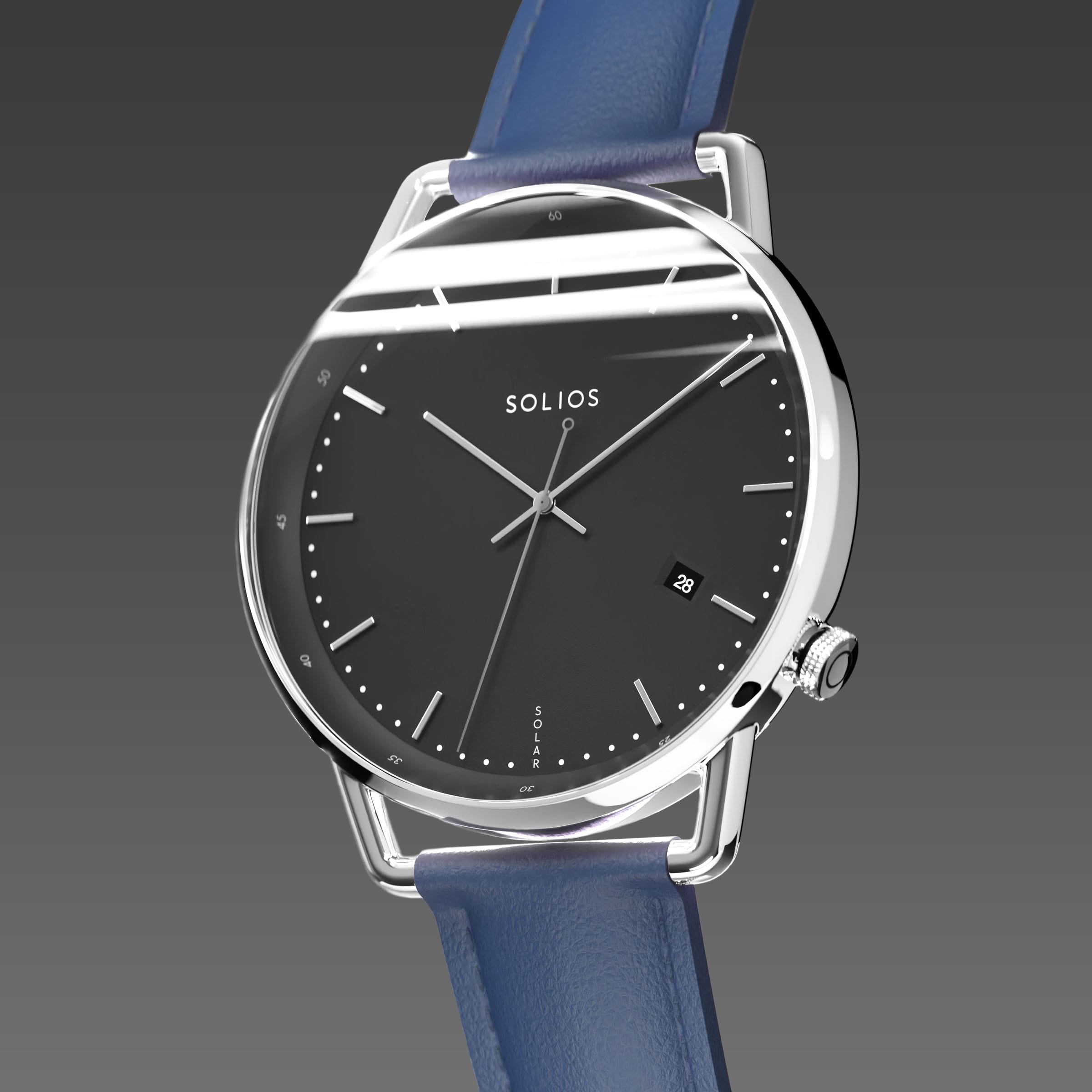 Solios Solar Curve, black dial and silver case, at a three-quarter angle, silver and indices, date calendar, curved sapphire crystal, blue vegan leather strap