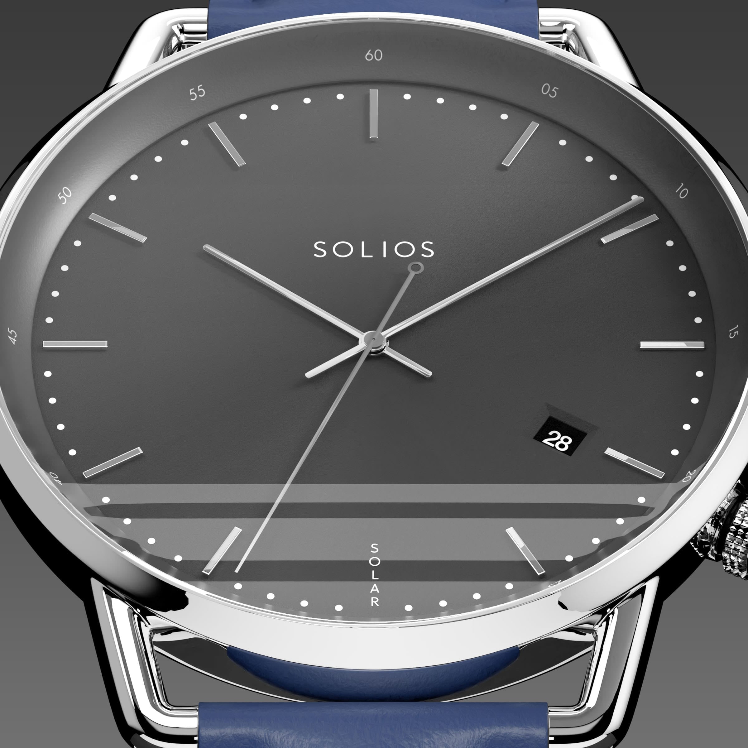 Close-up of the Solios Solar Curve black dial with silver hands, date and SOLAR text, blue vegan leather strap