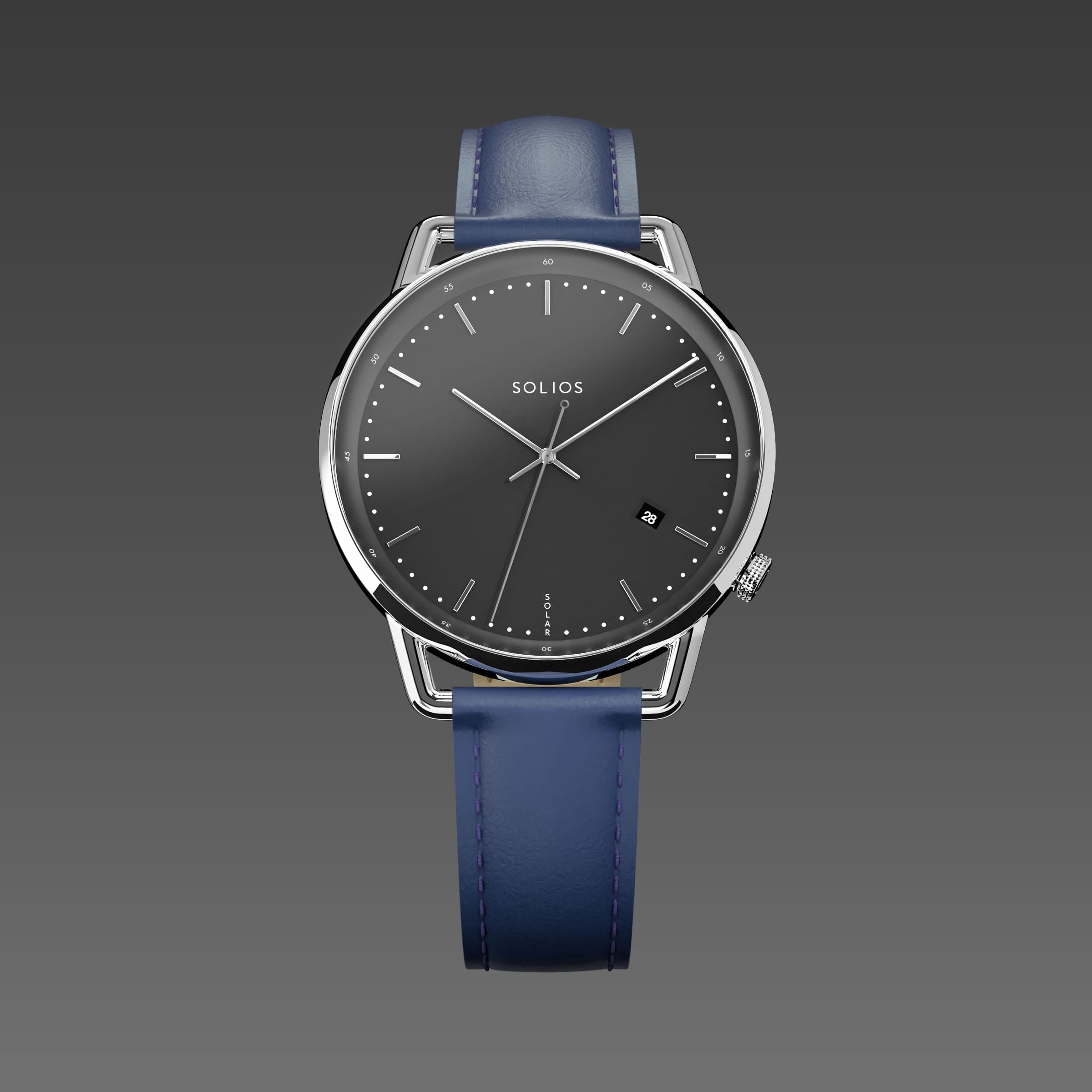 Solios Solar Curve watch, black dial and silver 40mm case, on a blue vegan leather strap, front view