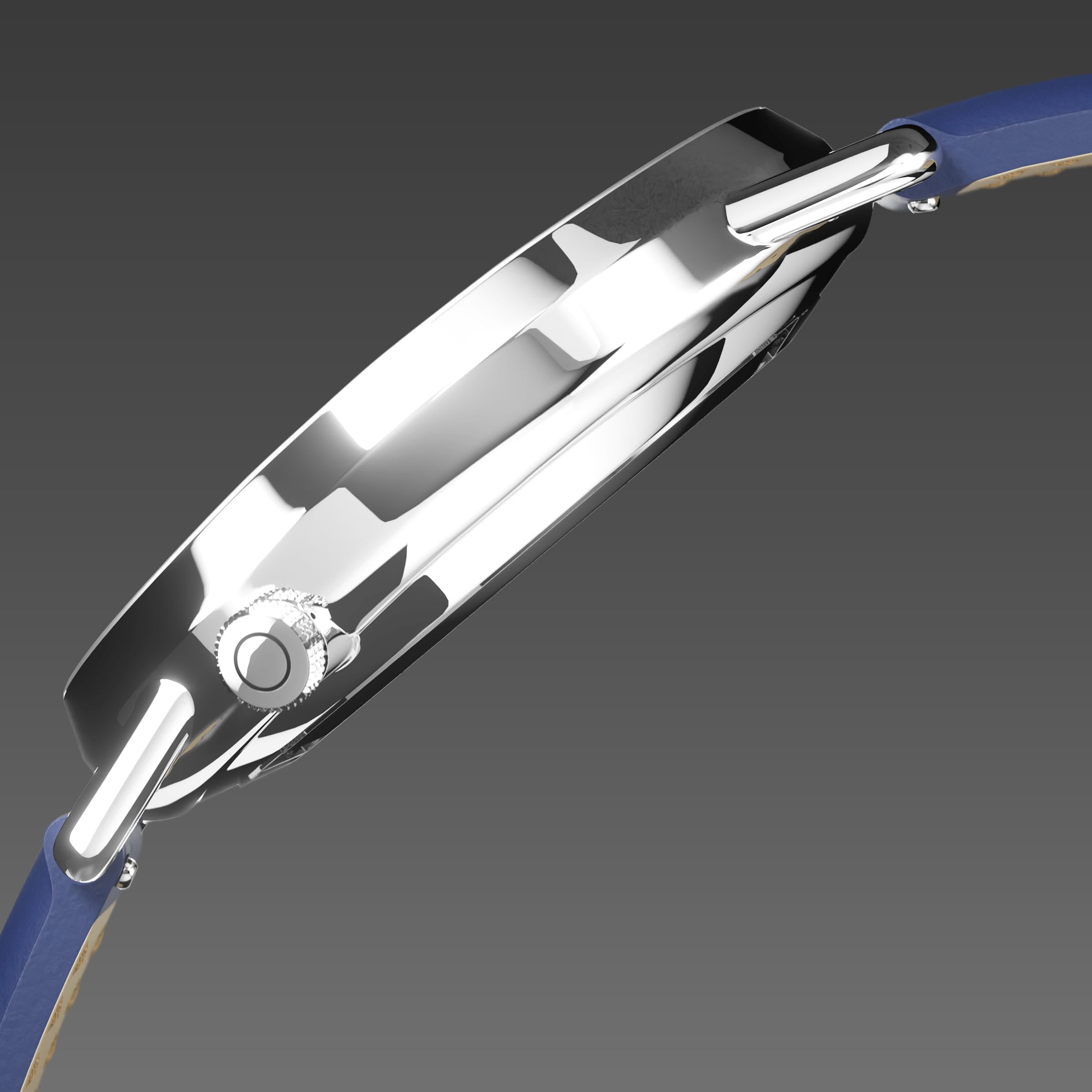 Side profile of the Solios Solar Curve, black dial and silver case, showing its curved sapphire crystal and crown, blue vegan leather strap