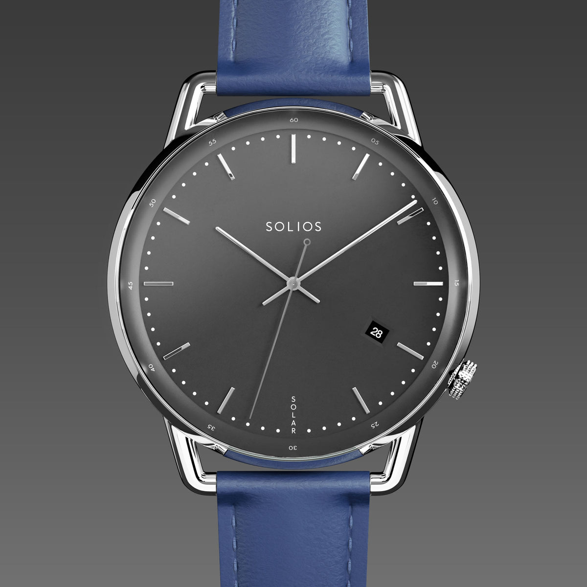Solios Solar Curve solar watch, black dial and silver 40mm case, blue vegan leather strap, close up front view