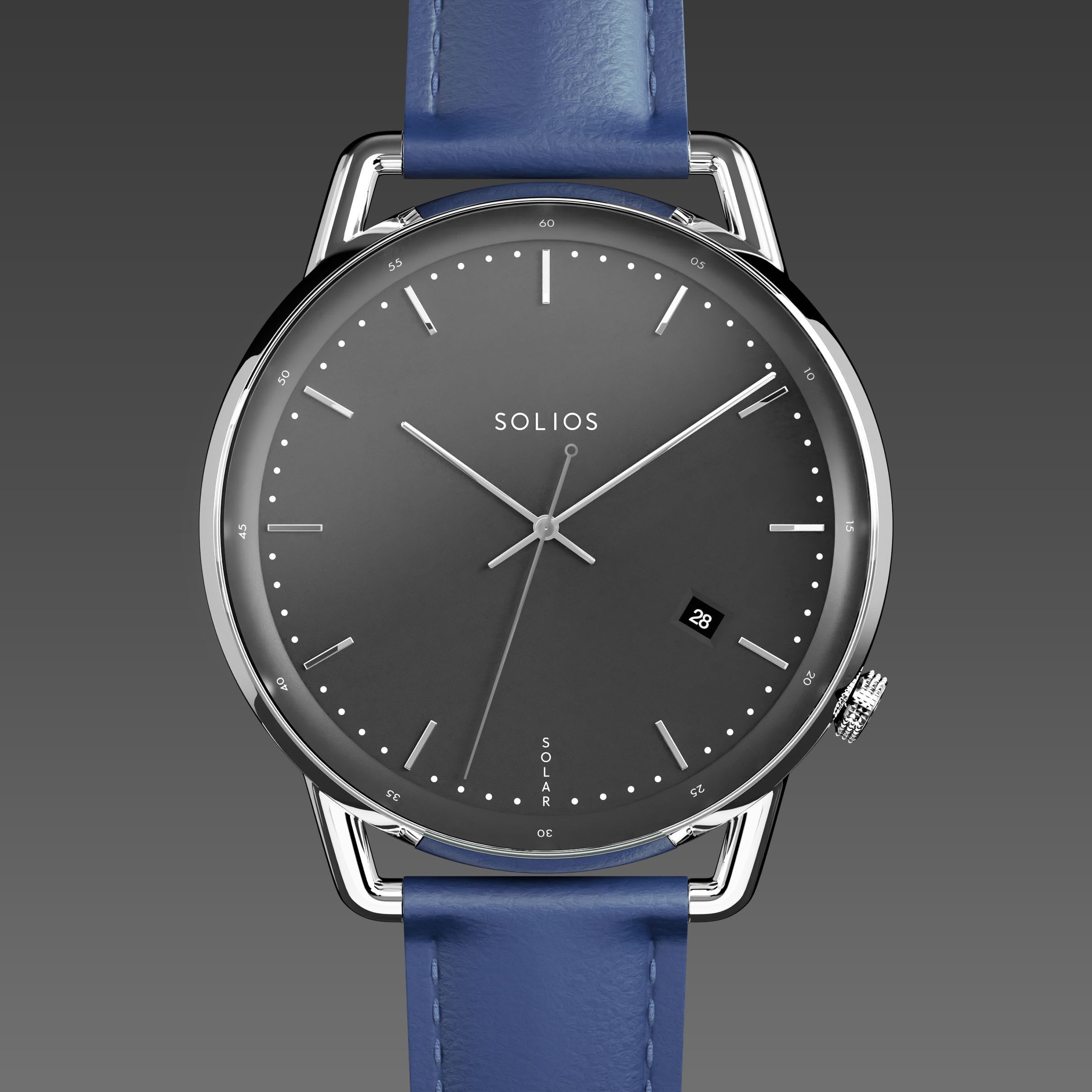 Solios Solar Curve solar watch, black dial and silver 40mm case, blue vegan leather strap, close up front view