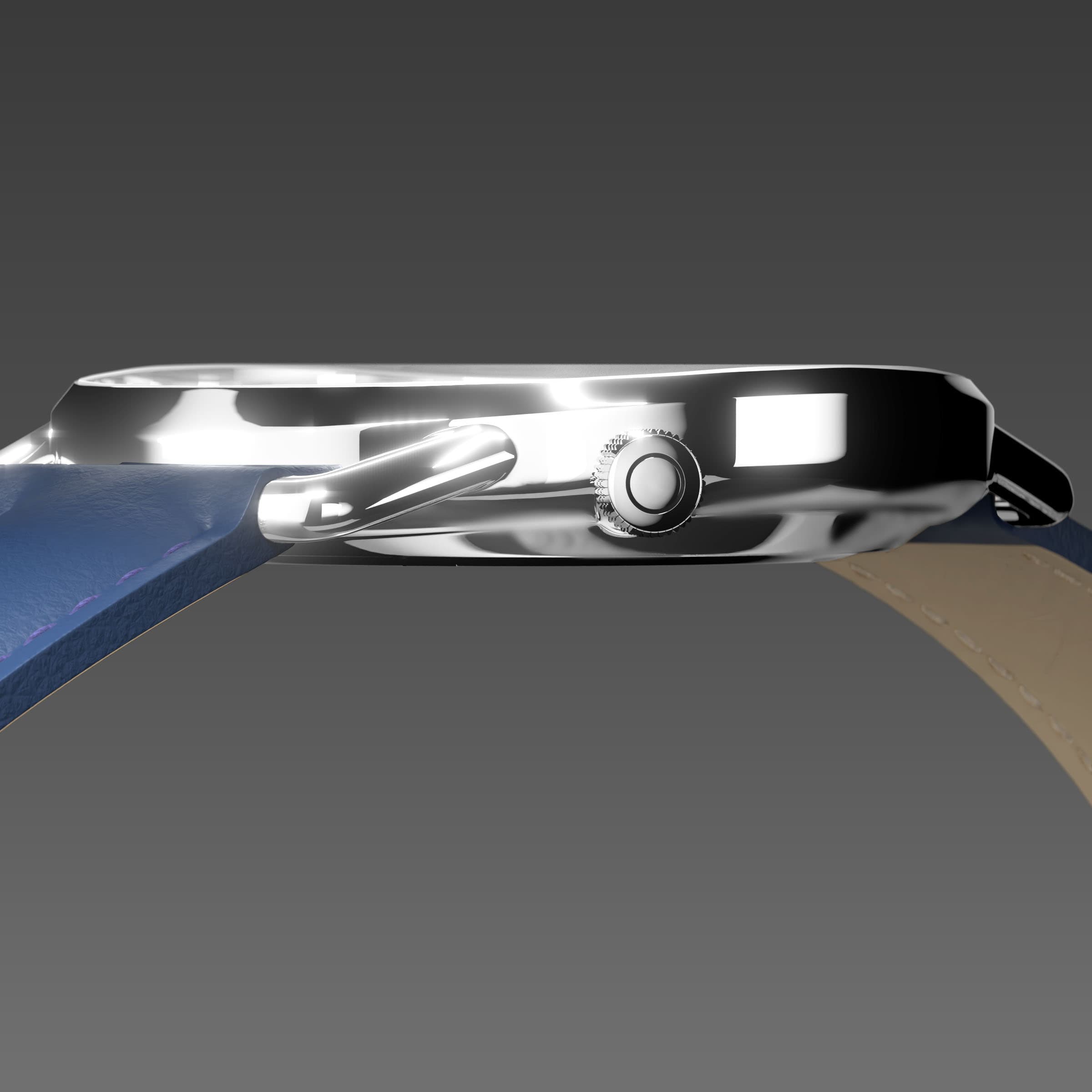 Side profile of the slim Solios Solar Curve, 10mm-thin silver case and crown, the black dial variation, blue vegan leather strap