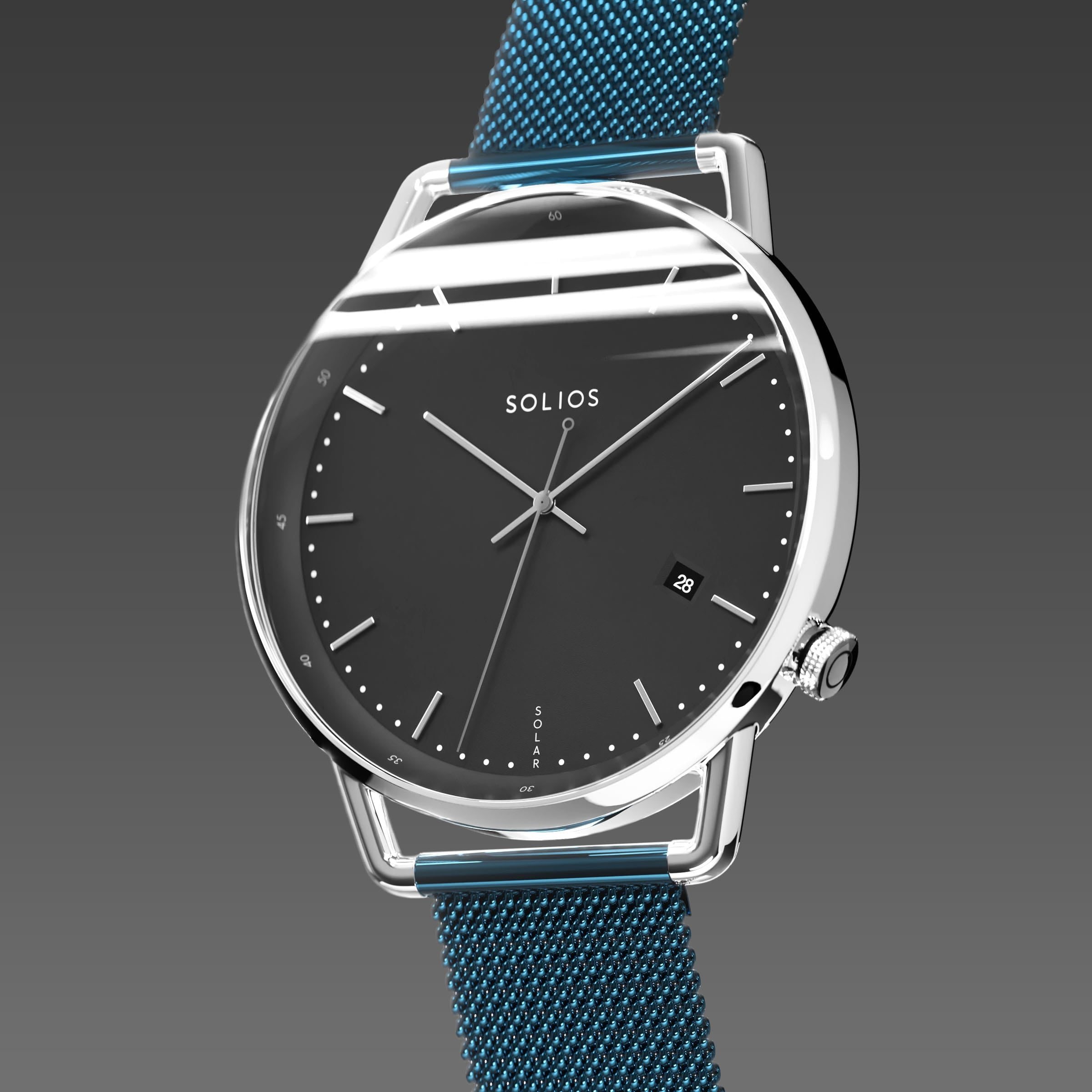 Solios Solar Curve, black dial and silver case, at a three-quarter angle, silver and indices, date calendar, curved sapphire crystal, blue mesh metal strap