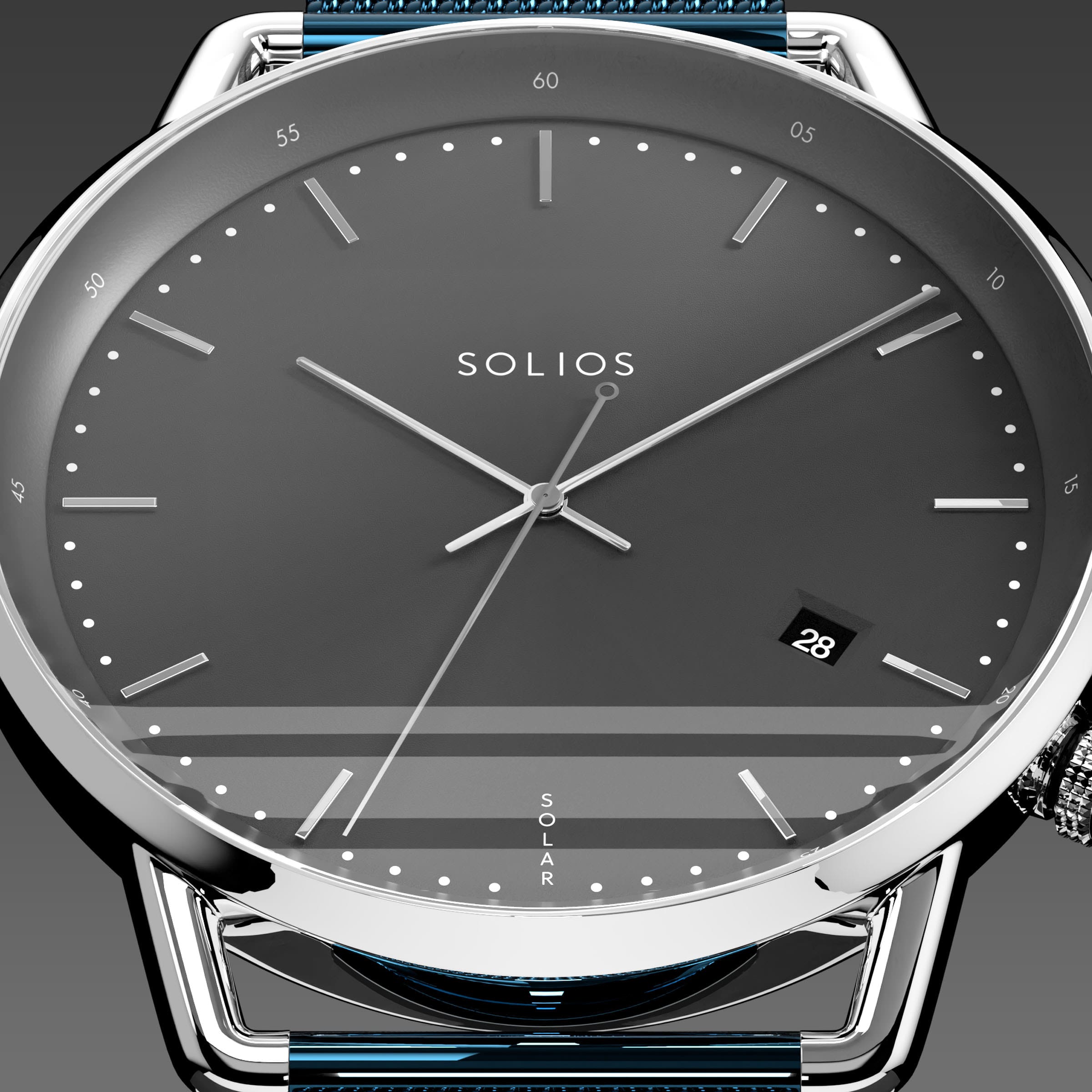 Close-up of the Solios Solar Curve black dial with silver hands, date and SOLAR text, blue mesh metal strap