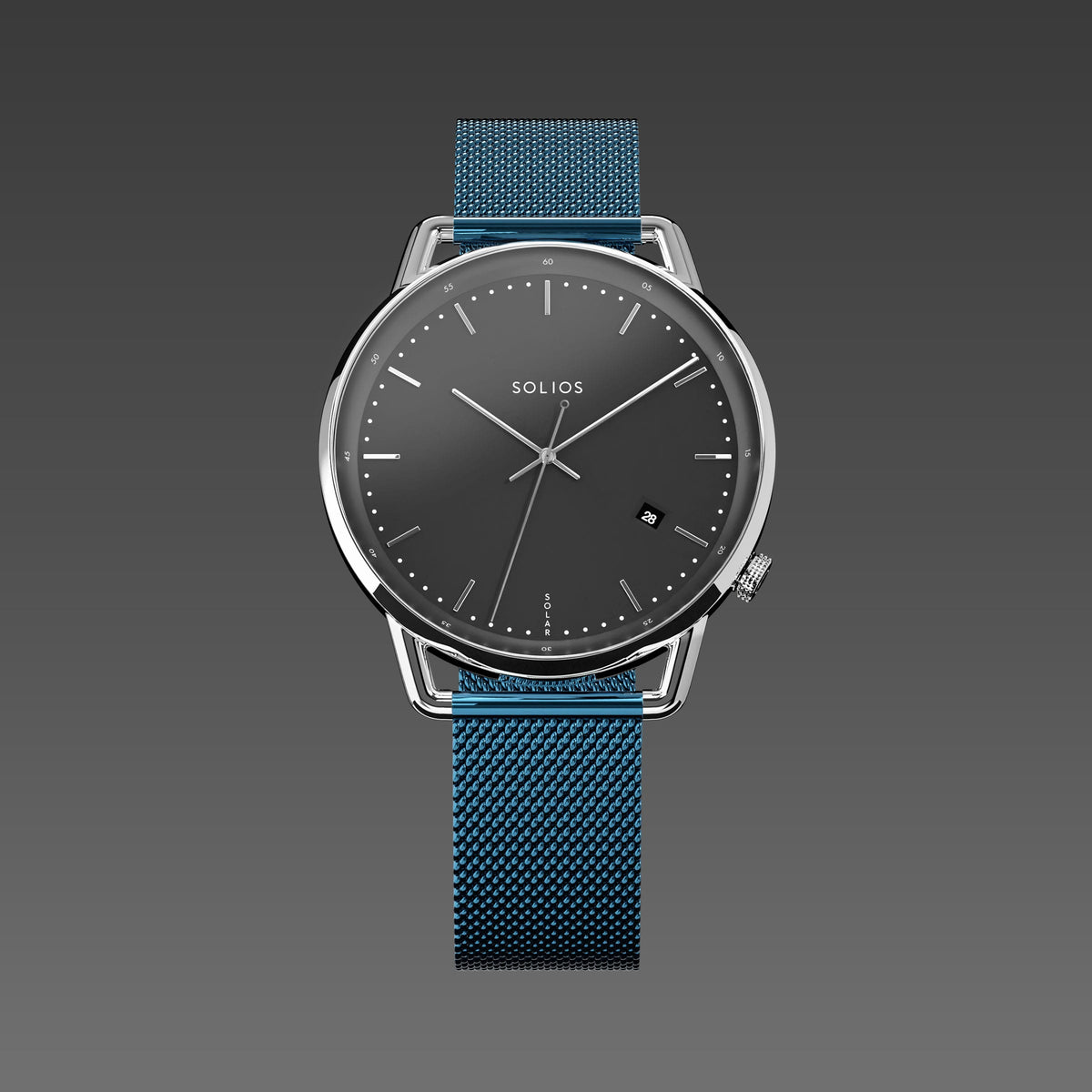 Solios Solar Curve watch, black dial and silver 40mm case, on a metallic blue mesh metal strap, front view