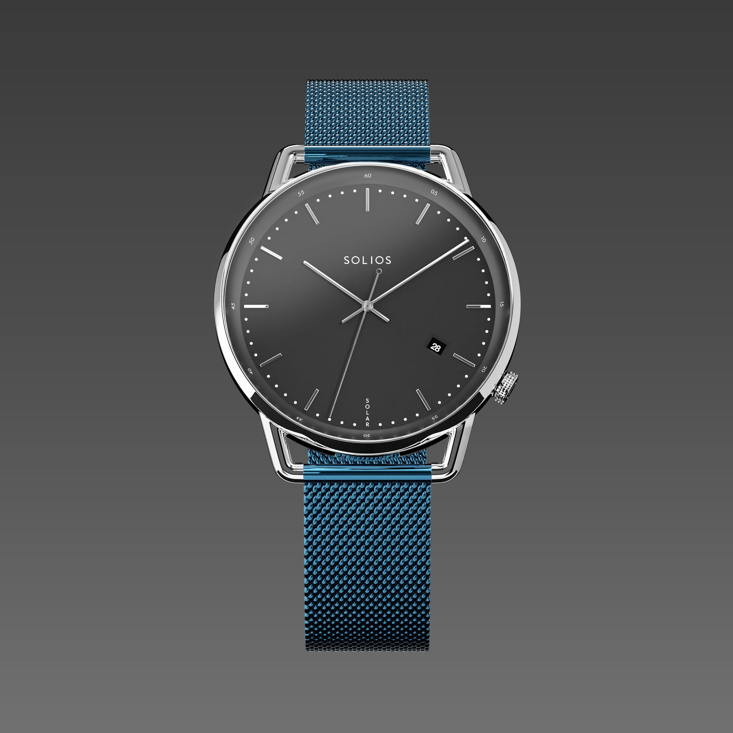 Solios Solar Curve watch, black dial and silver 40mm case, on a metallic blue mesh metal strap, front view