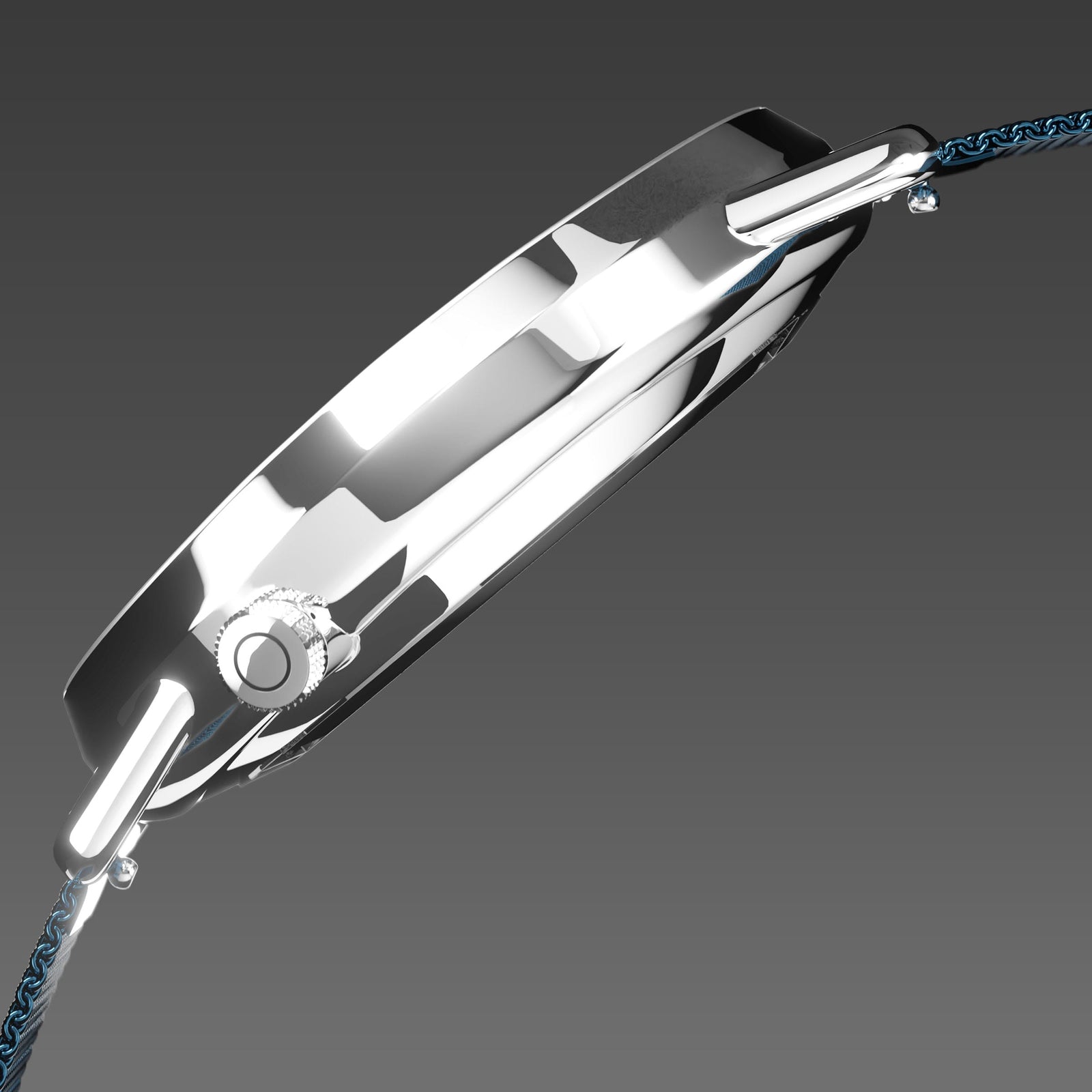 Side profile of the Solios Solar Curve, black dial and silver case, showing its curved sapphire crystal and crown, blue mesh metal strap