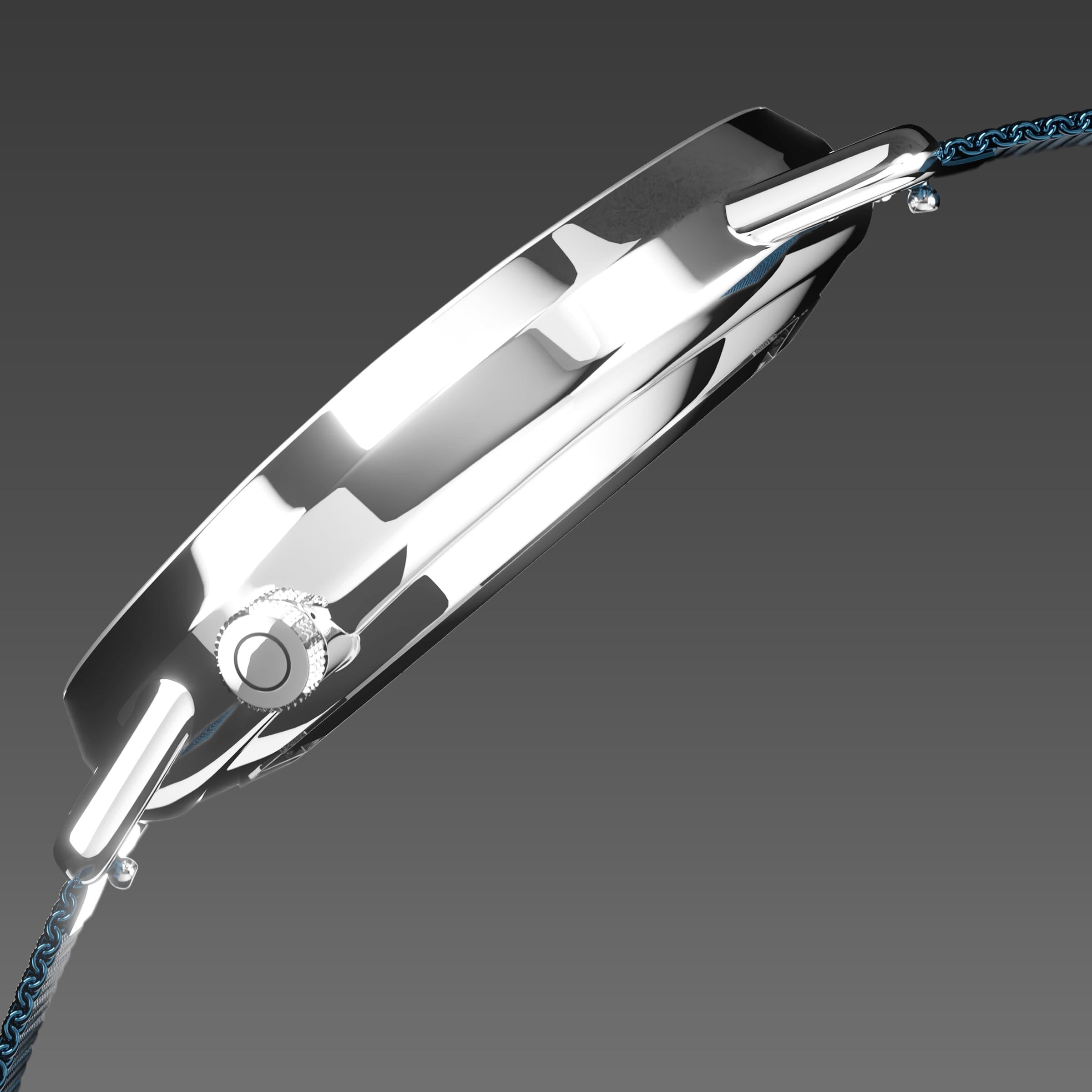 Side profile of the Solios Solar Curve, black dial and silver case, showing its curved sapphire crystal and crown, blue mesh metal strap