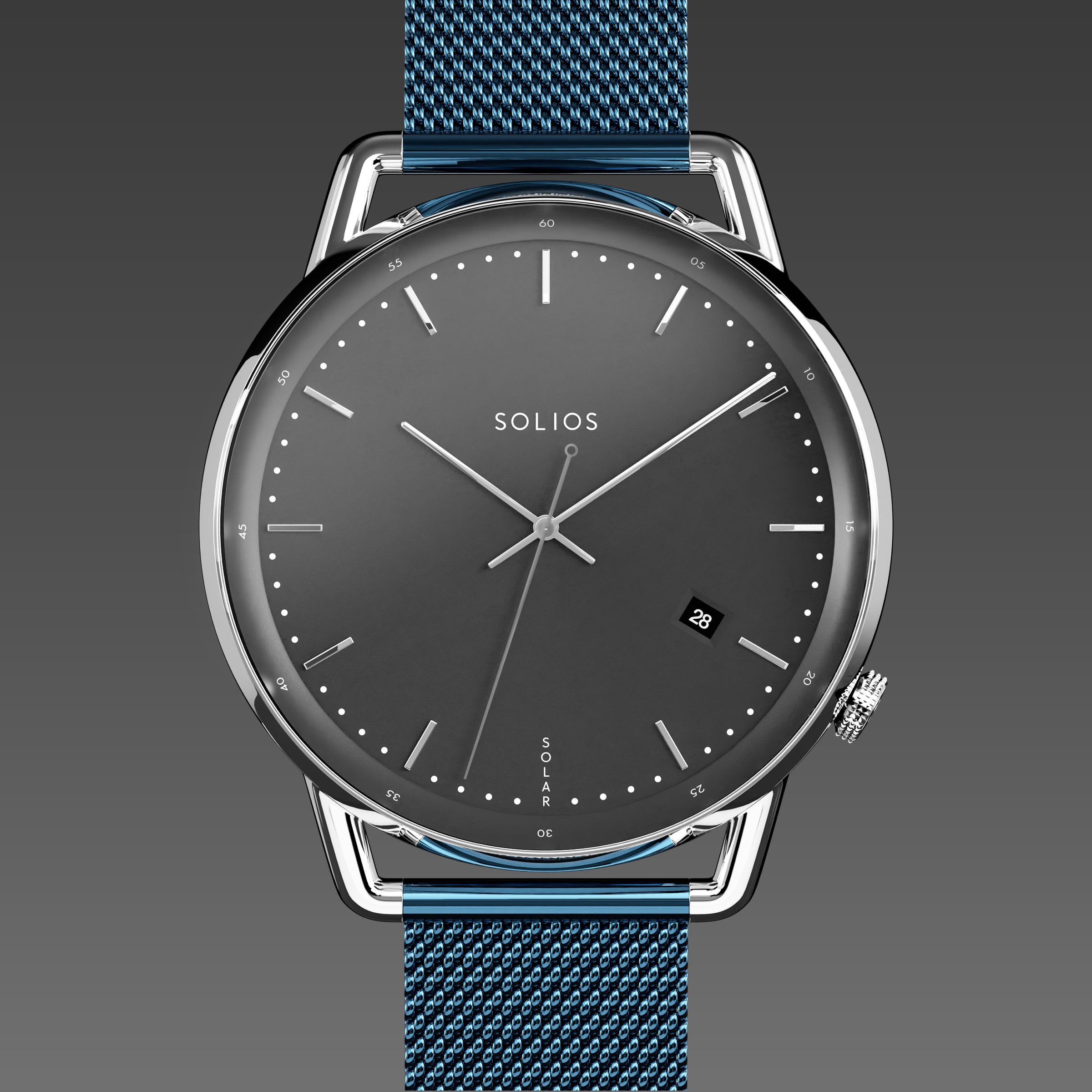 Solios Solar Curve solar watch, black dial and silver 40mm case, blue mesh metal strap, close up front view