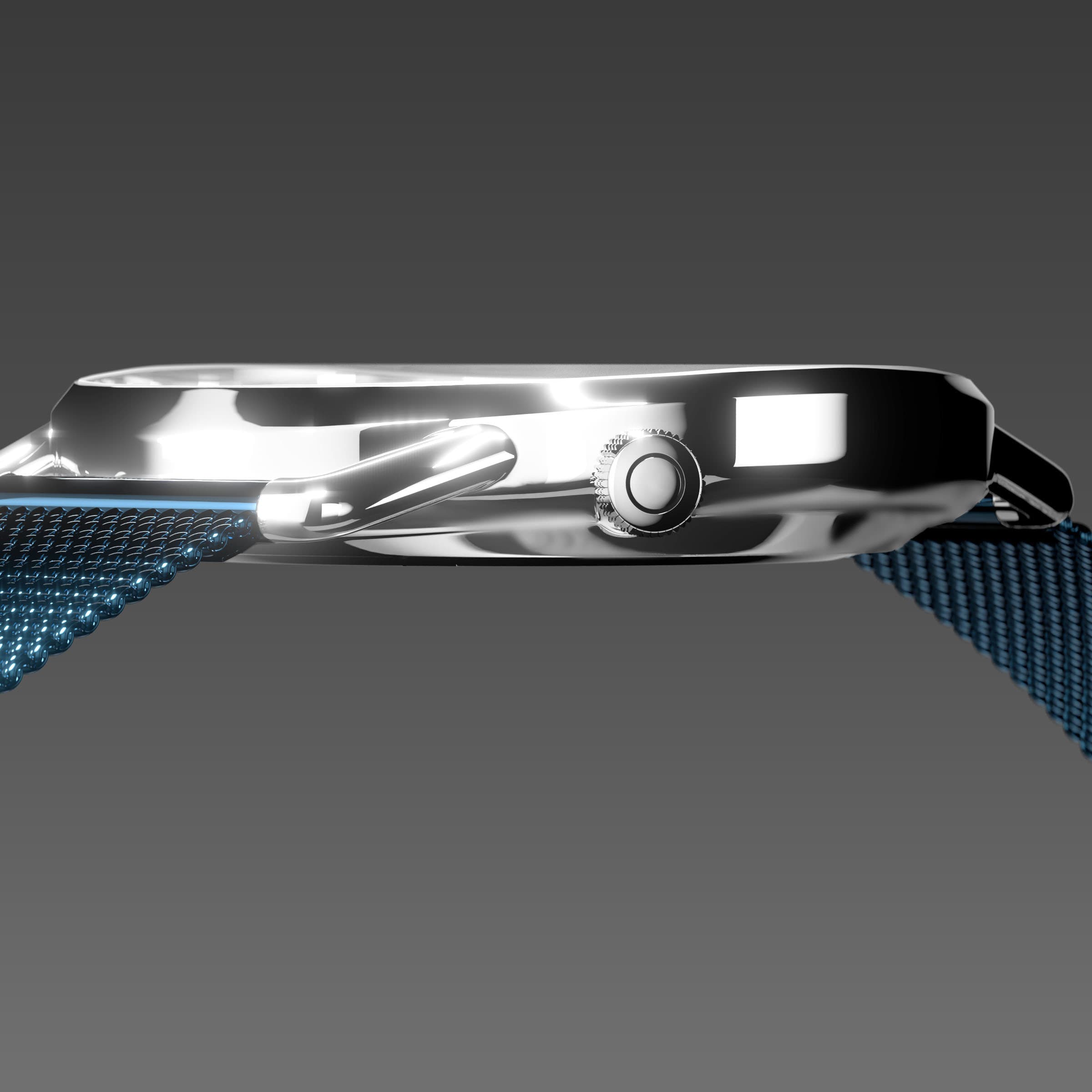 Side profile of the slim Solios Solar Curve, 10mm-thin silver case and crown, the black dial variation, metallic blue mesh metal strap