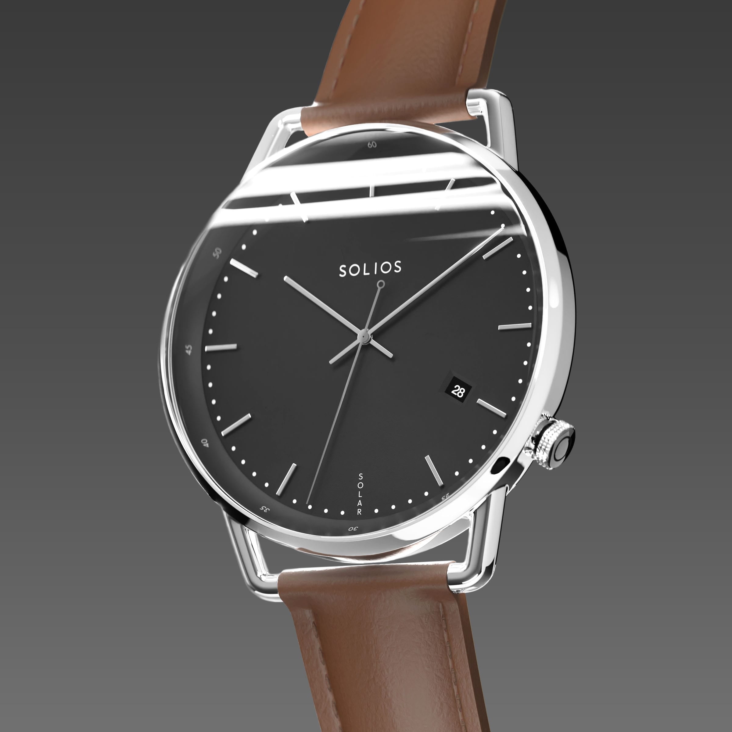 Solios Solar Curve, black dial and silver case, at a three-quarter angle, silver and indices, date calendar, curved sapphire crystal, brown vegan leather strap