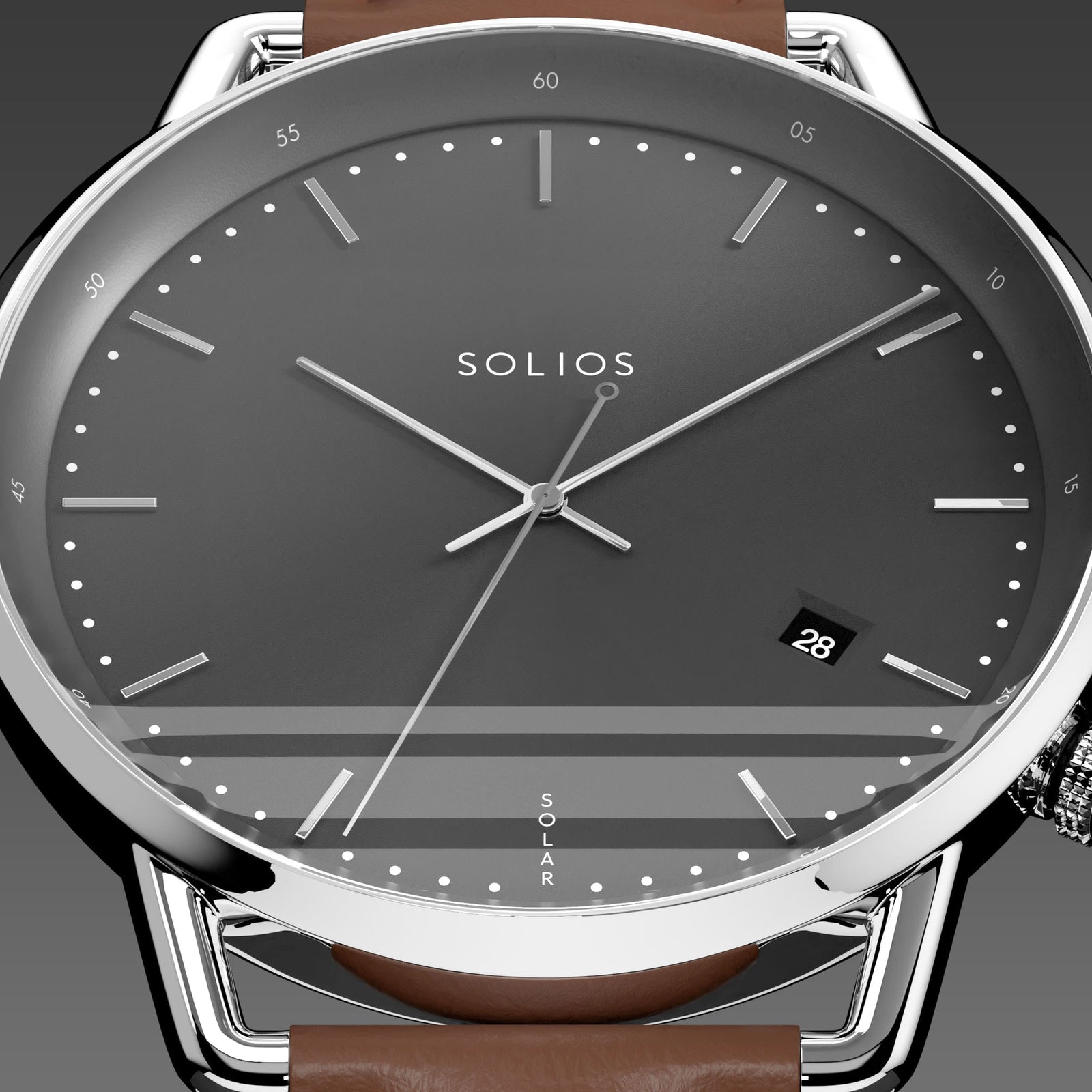 Close-up of the Solios Solar Curve black dial with silver hands, date and SOLAR text, brown vegan leather strap