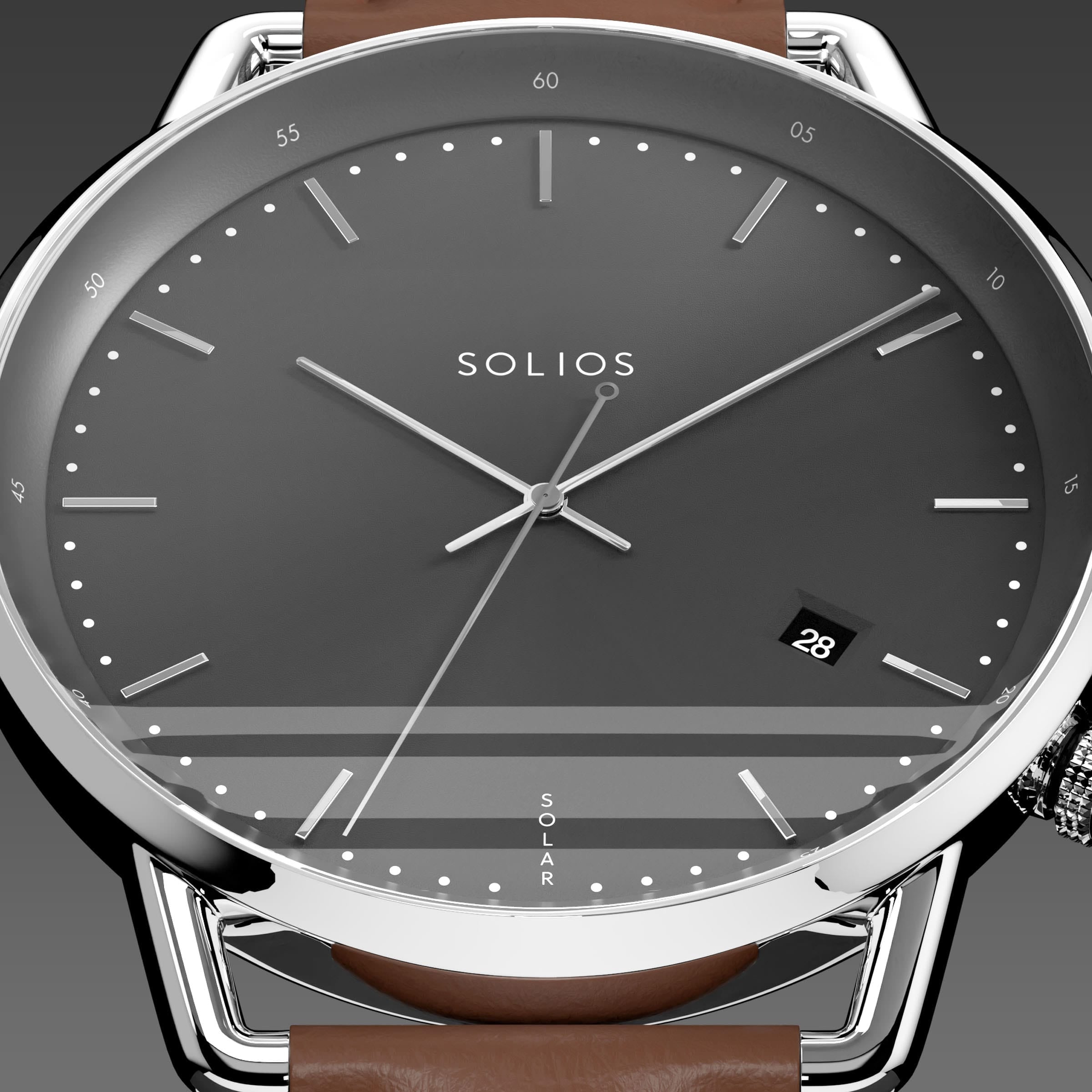 Close-up of the Solios Solar Curve black dial with silver hands, date and SOLAR text, brown vegan leather strap