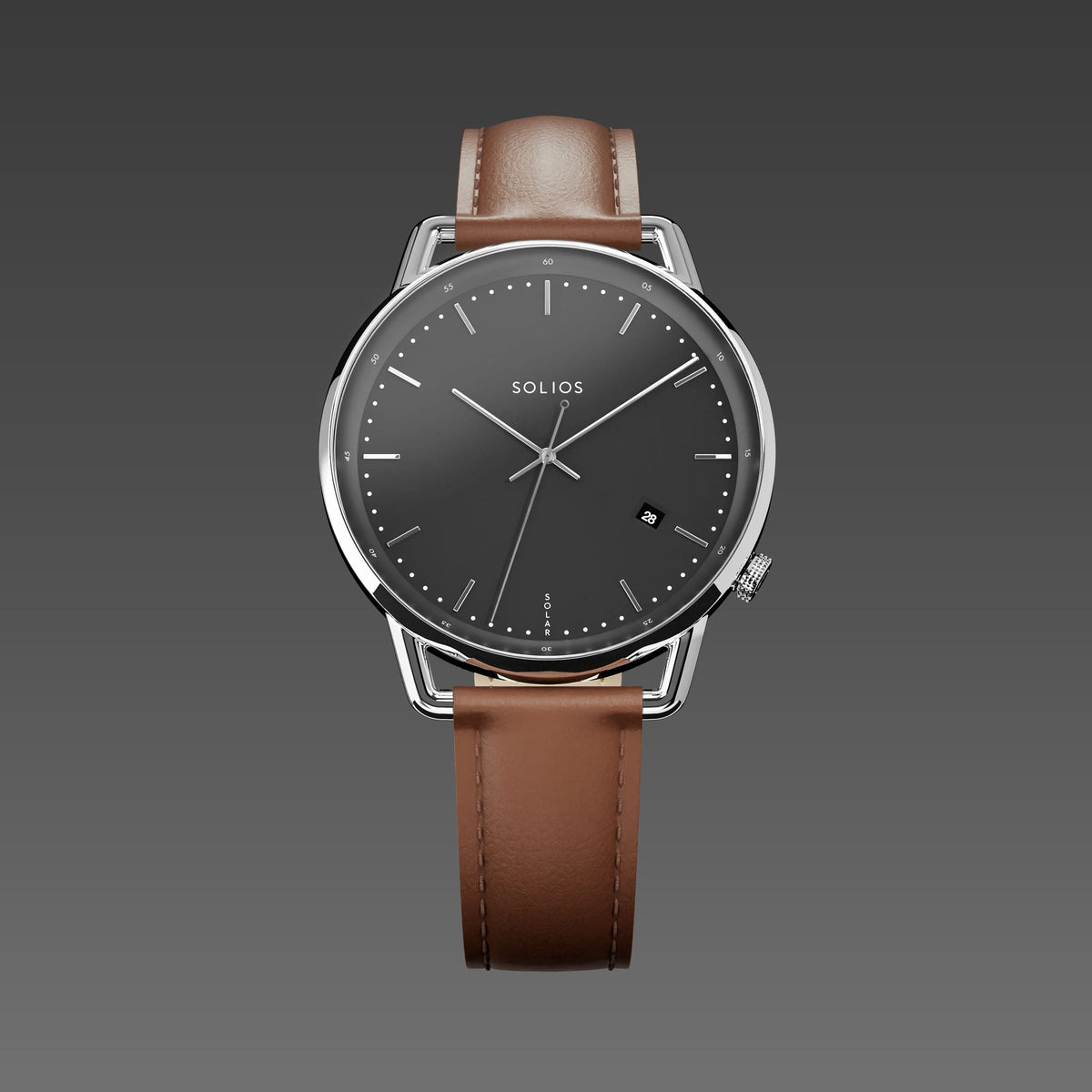 Solios Solar Curve watch, black dial and silver 40mm case, on a brown vegan leather strap, front view