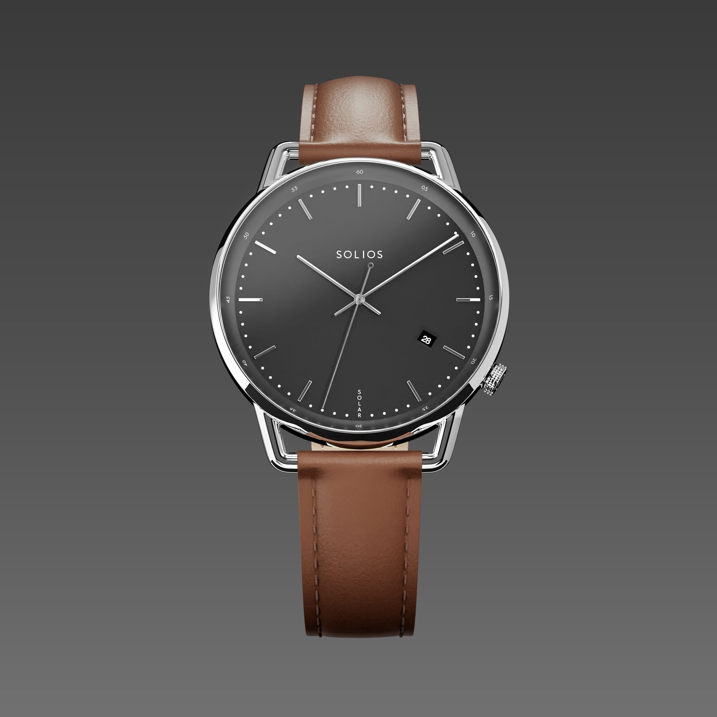 Solios Solar Curve watch, black dial and silver 40mm case, on a brown vegan leather strap, front view