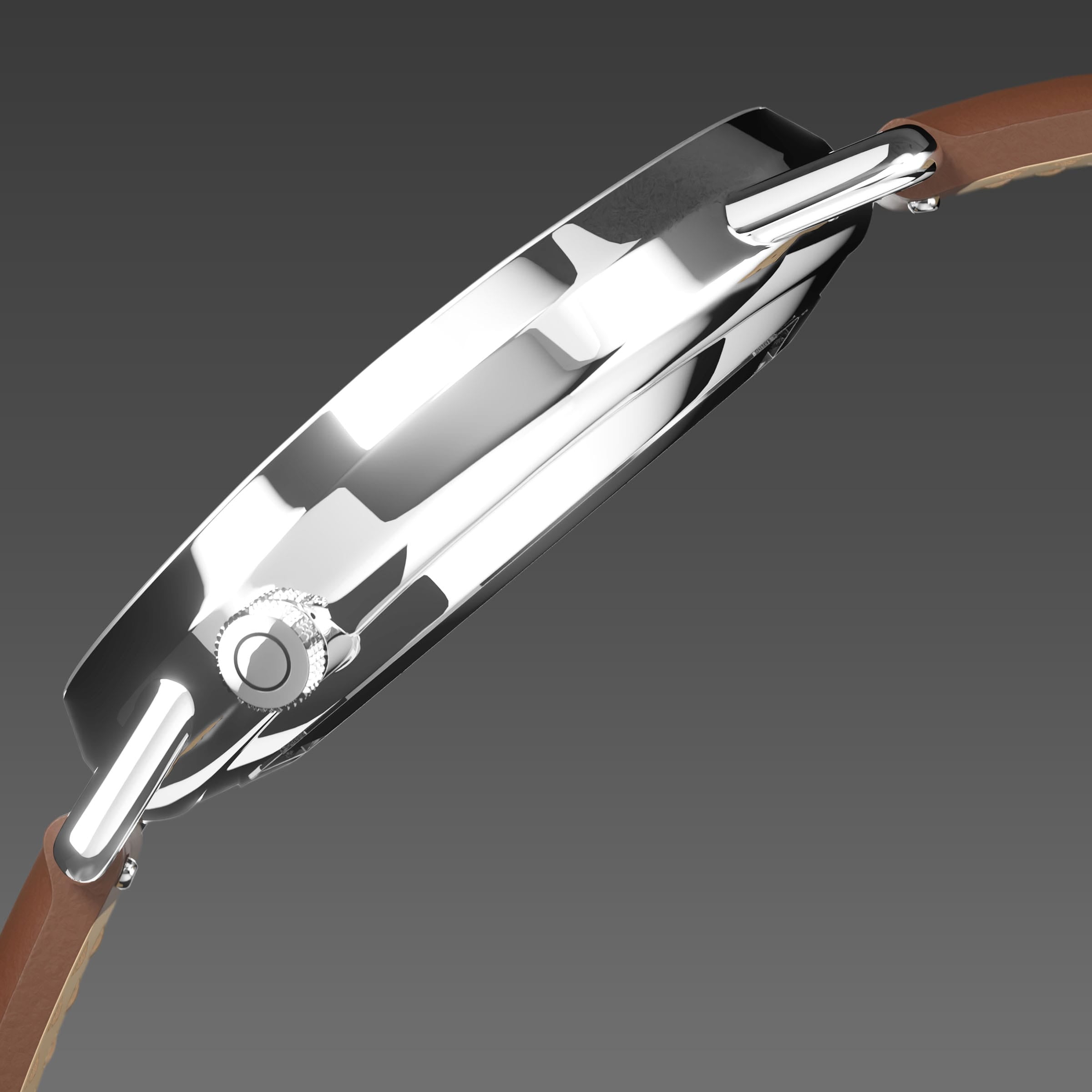 Side profile of the Solios Solar Curve, black dial and silver case, showing its curved sapphire crystal and crown, brown vegan leather strap