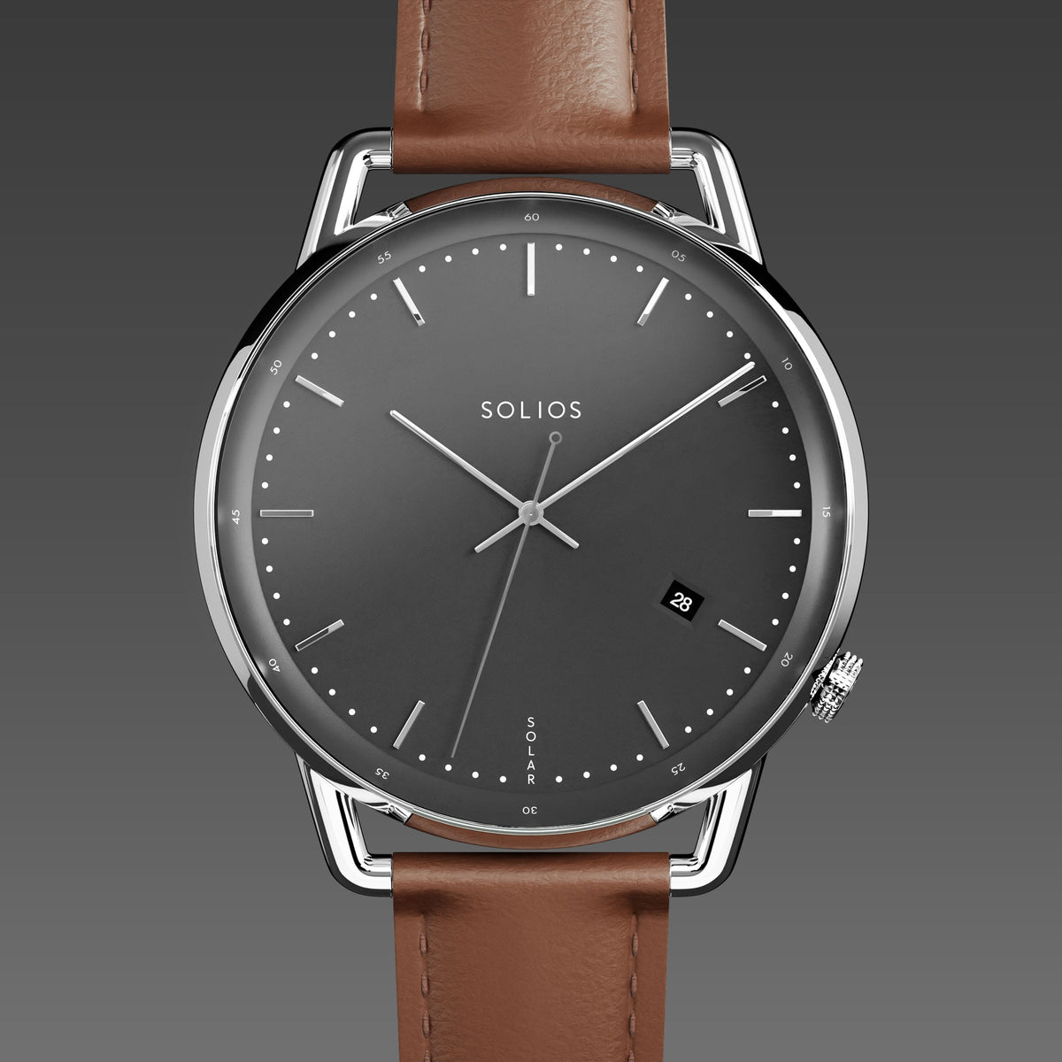 Solios Solar Curve solar watch, black dial and silver 40mm case, brown vegan leather strap, close up front view