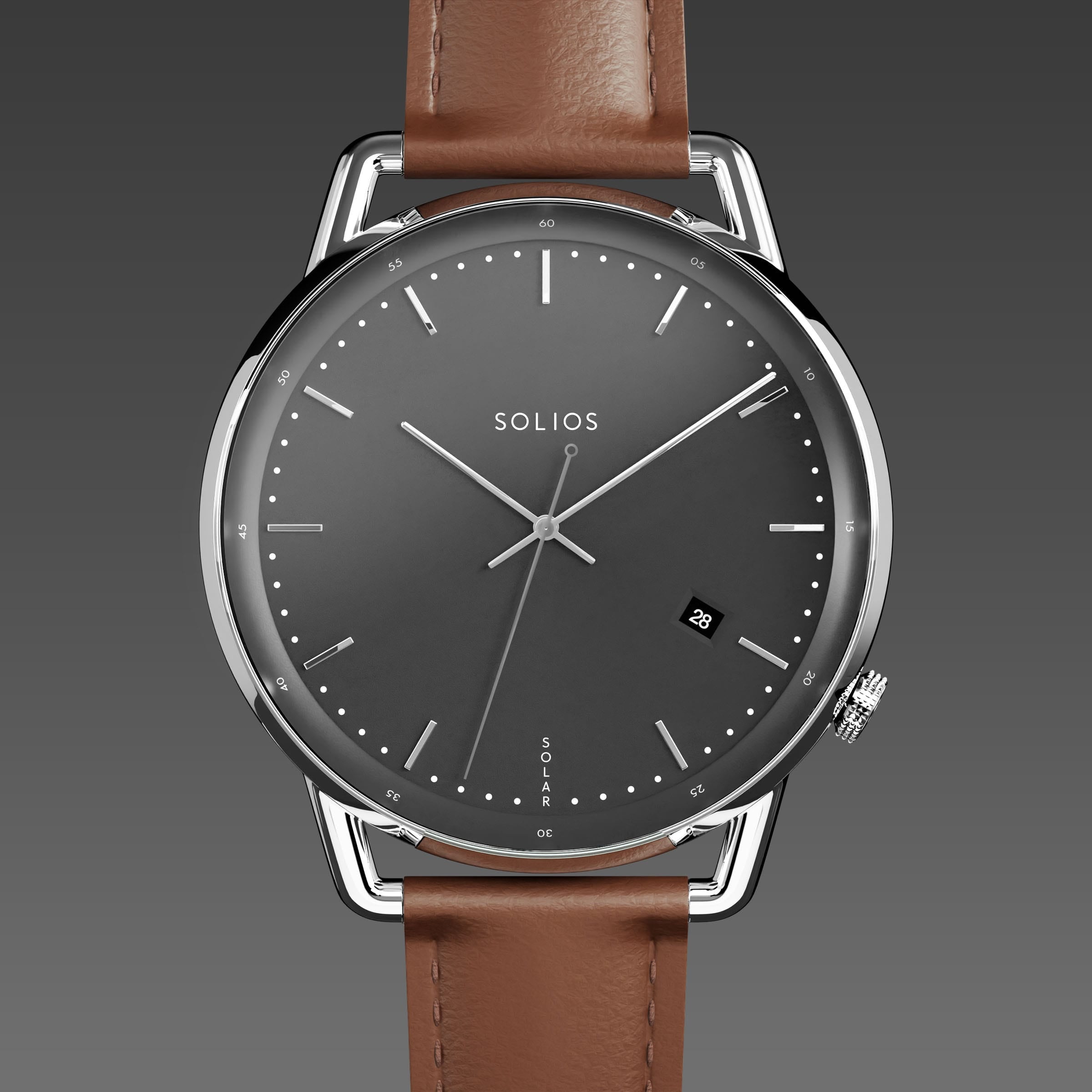 Solios Solar Curve solar watch, black dial and silver 40mm case, brown vegan leather strap, close up front view