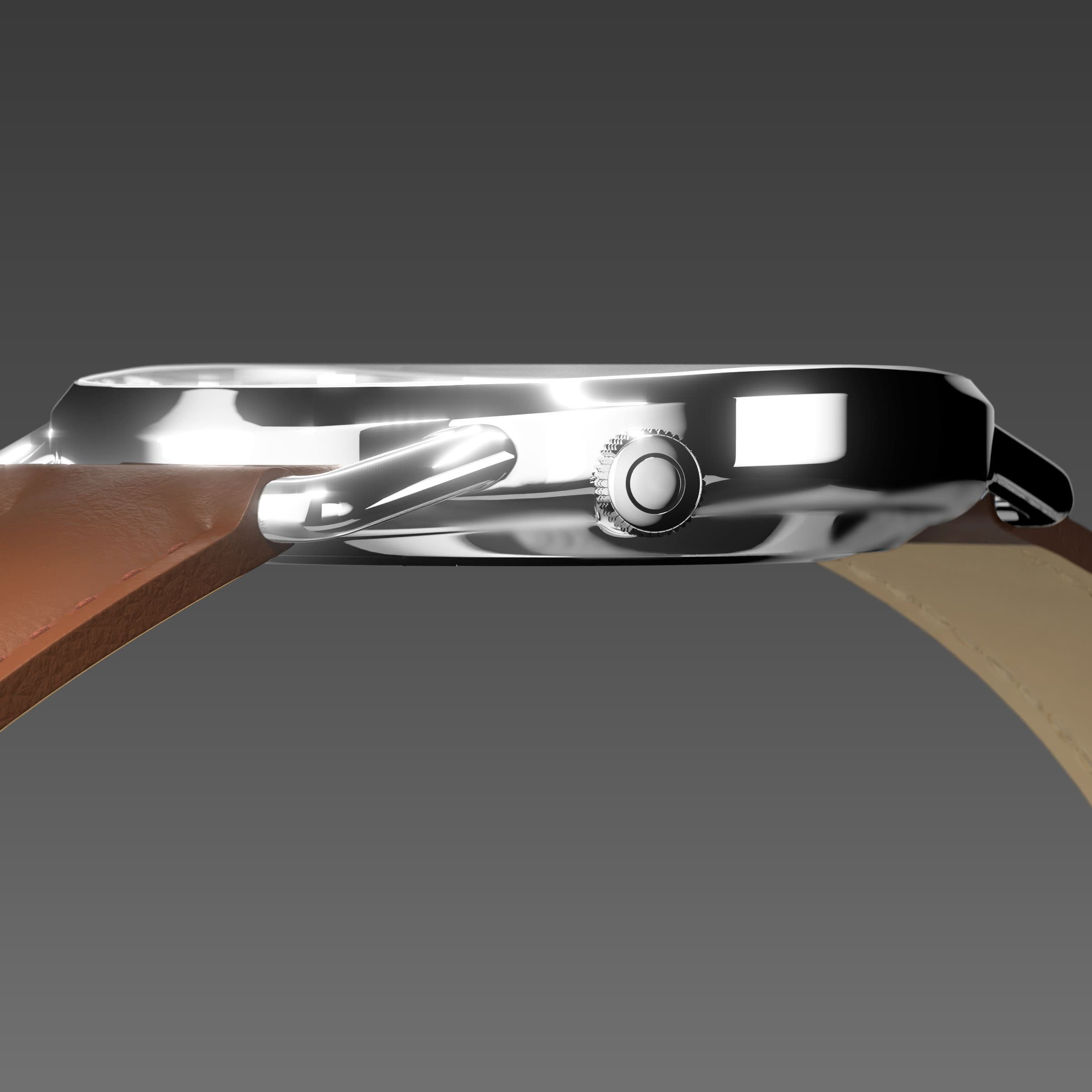 Side profile of the slim Solios Solar Curve, 10mm-thin silver case and crown, the black dial variation, brown vegan leather strap