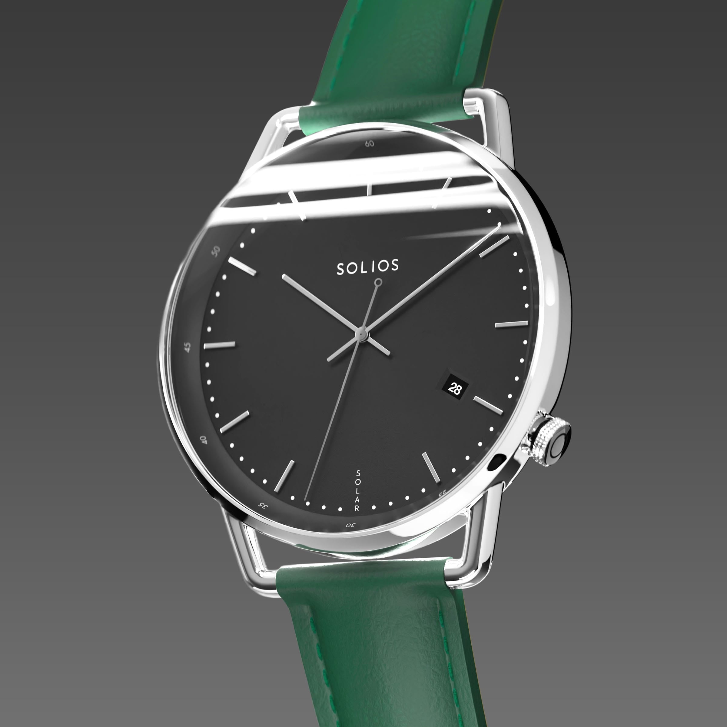 Solios Solar Curve, black dial and silver case, at a three-quarter angle, silver and indices, date calendar, curved sapphire crystal, green vegan leather strap