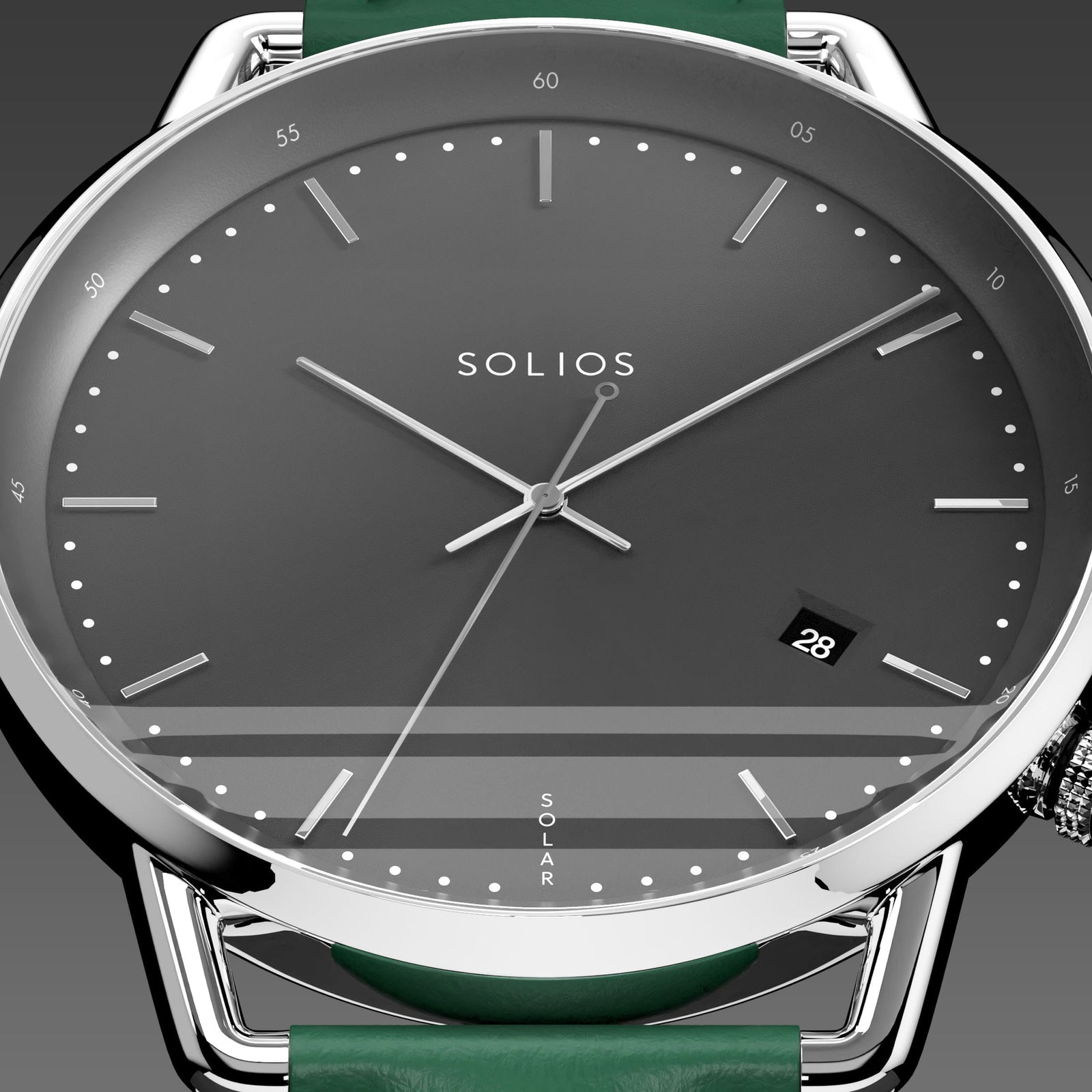 Close-up of the Solios Solar Curve black dial with silver hands, date and SOLAR text, green vegan leather strap