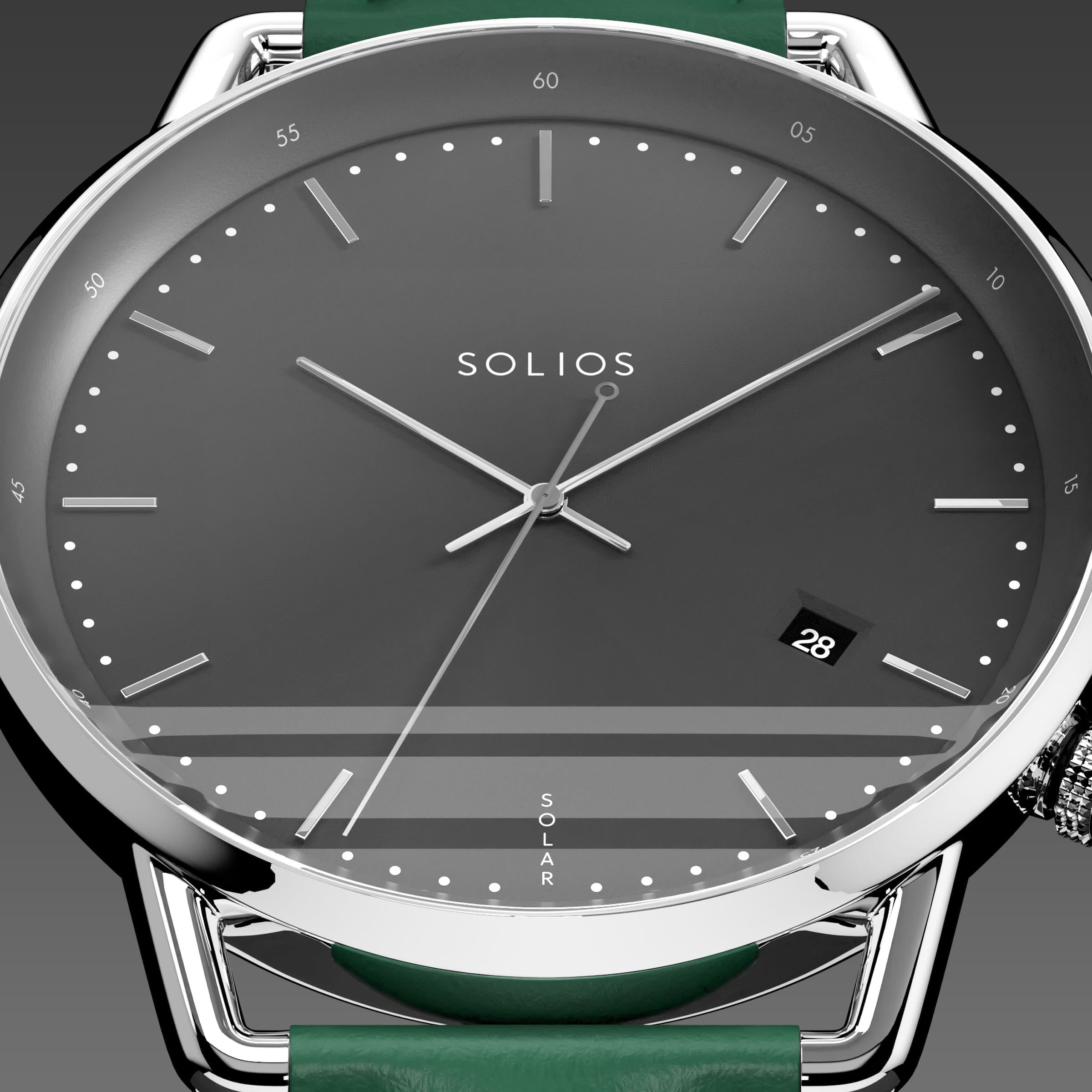 Close-up of the Solios Solar Curve black dial with silver hands, date and SOLAR text, green vegan leather strap