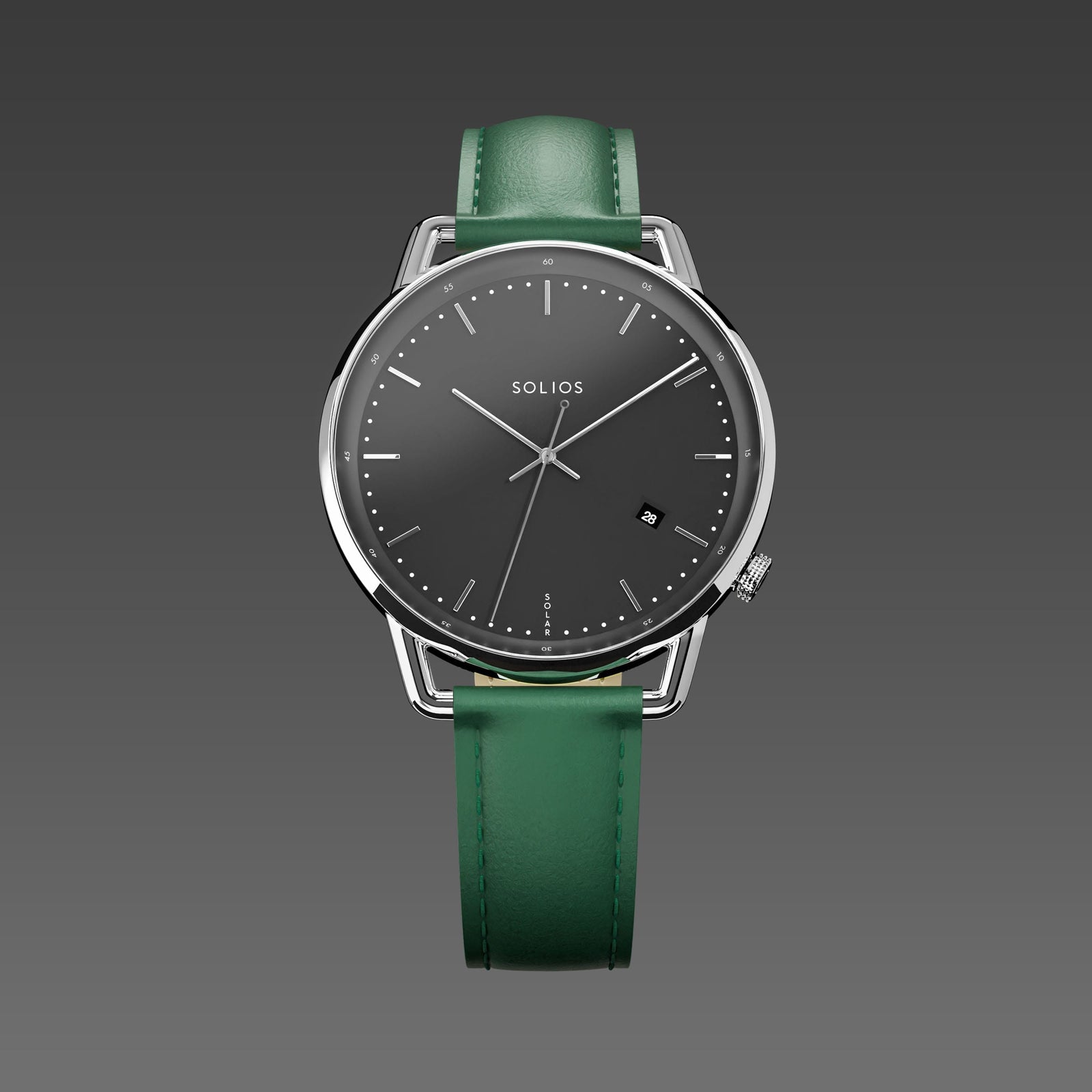 Solios Solar Curve watch, black dial and silver 40mm case, on a green vegan leather strap, front view