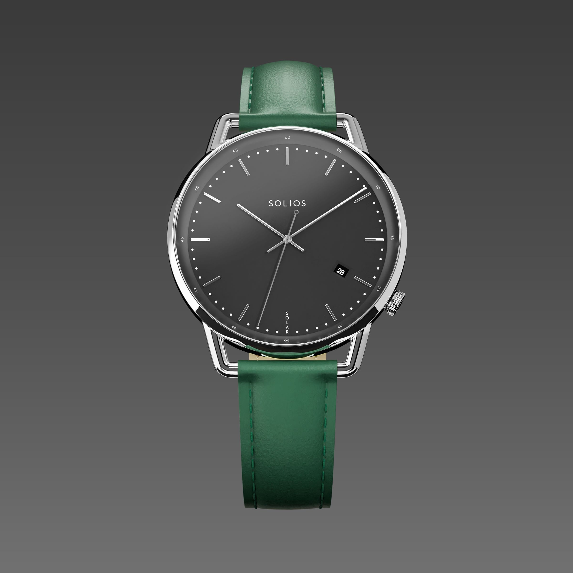 Solios Solar Curve watch, black dial and silver 40mm case, on a green vegan leather strap, front view