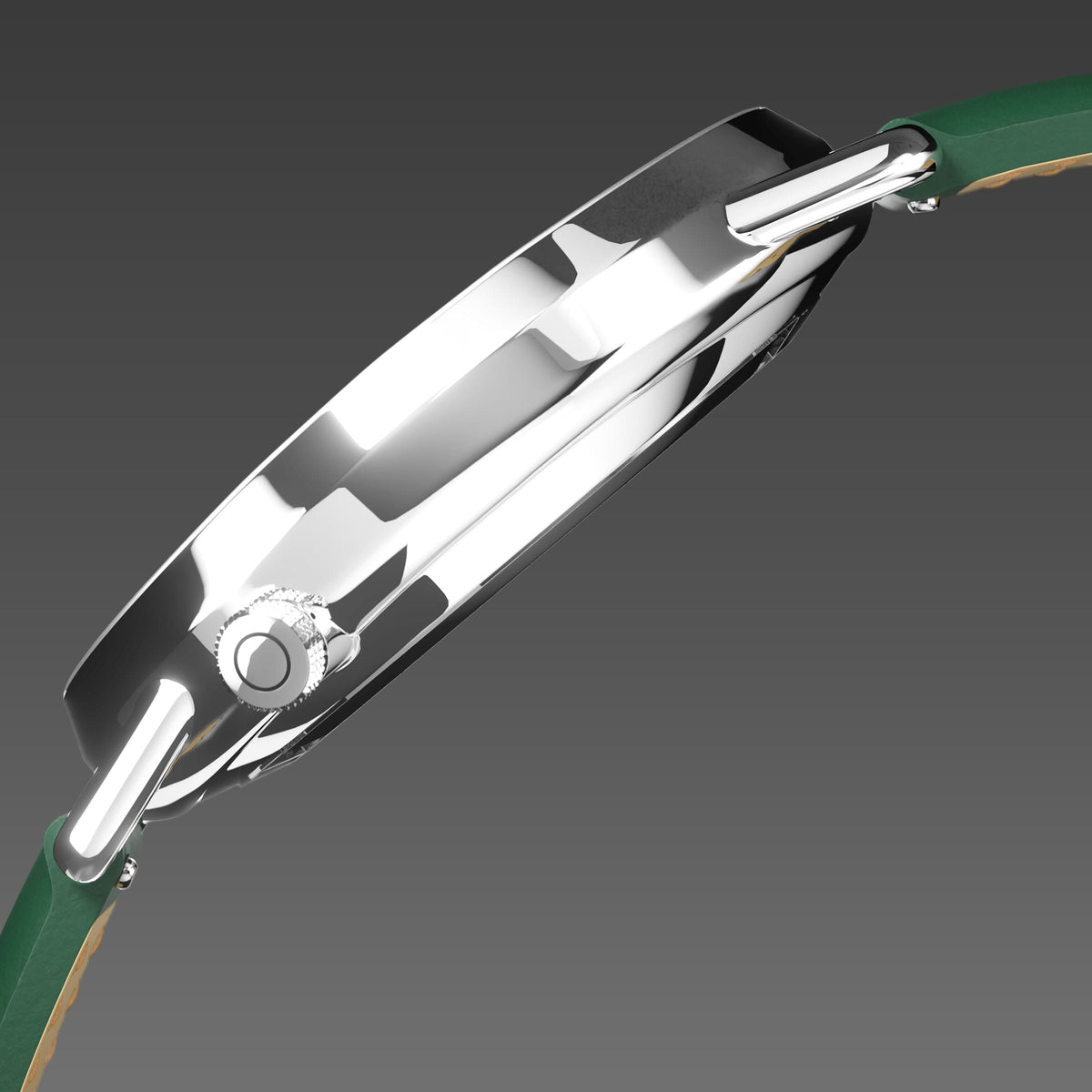 Side profile of the Solios Solar Curve, black dial and silver case, showing its curved sapphire crystal and crown, green vegan leather strap