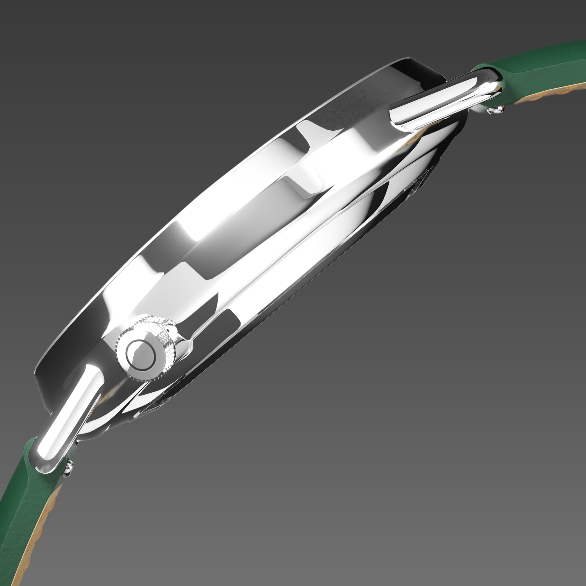 Side profile of the Solios Solar Curve, black dial and silver case, showing its curved sapphire crystal and crown, green vegan leather strap