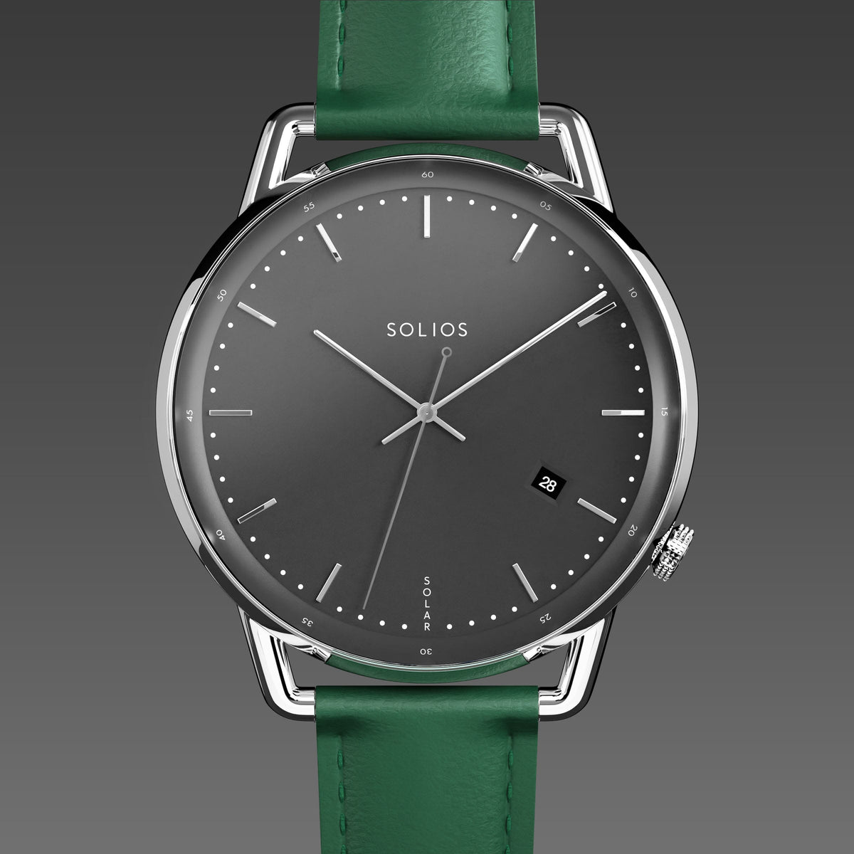 Solios Solar Curve solar watch, black dial and silver 40mm case, green vegan leather strap, close up front view