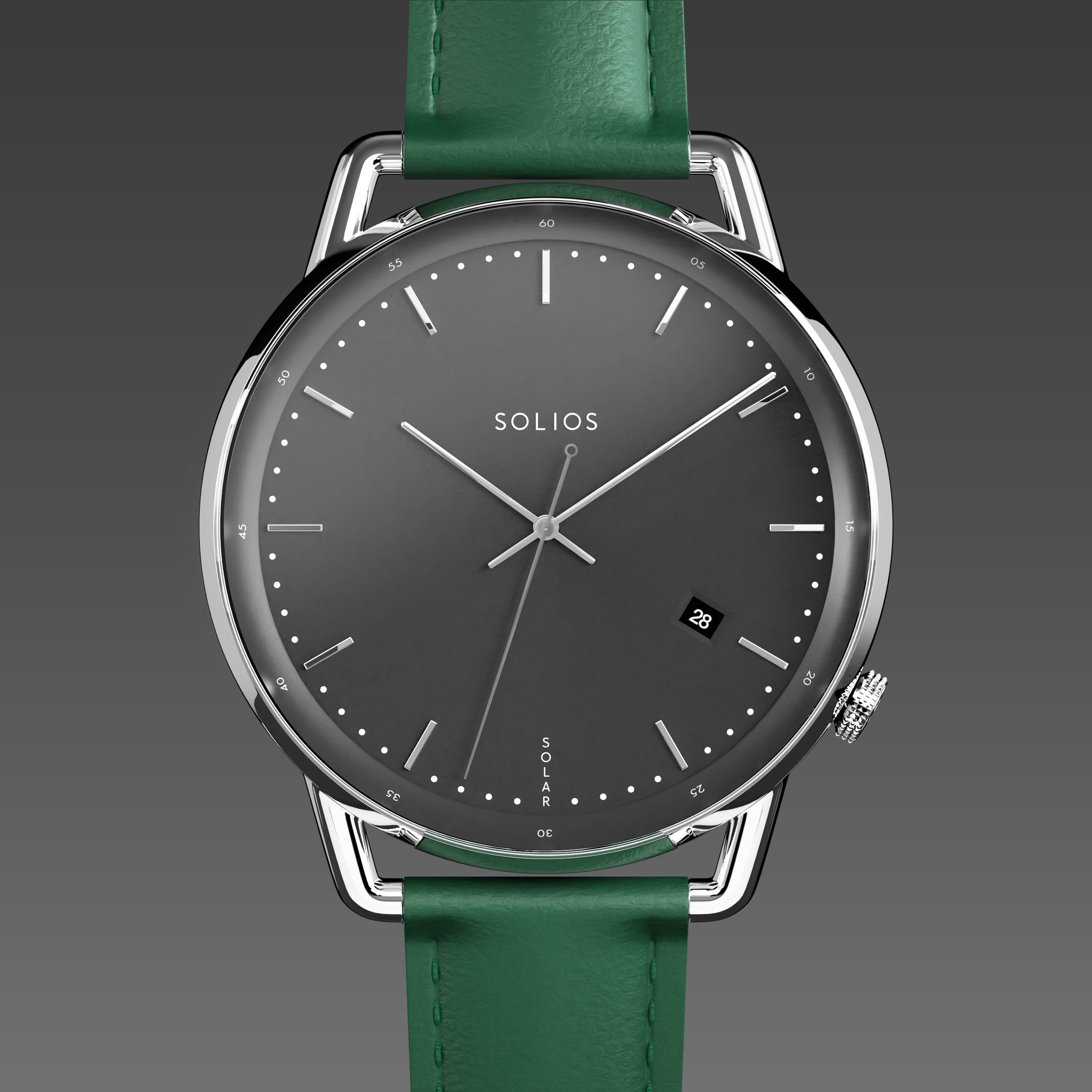 Solios Solar Curve solar watch, black dial and silver 40mm case, green vegan leather strap, close up front view